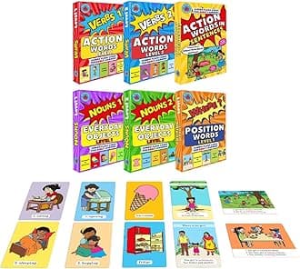 The Essential Language Pack | 6 Decks | 180 Jumbo Flash Cards | 60 Action Words | 30 Action Words in 90 SVO Sentences| 60 Everyday Objects| 30 Positions Words | English for Kids | Special Needs Kids