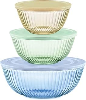 Pyrex Sculpted Tinted 6-PC Full Set, Small/Medium/Large Glass Mixing Bowls With Lids, Nesting Space Saving Set of Bowls For Prepping and Baking, 1.3QT, 2.3QT & 4.5QT