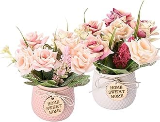 LUEUR Artificial Flowers with Vase, 2pcs Pink Silk Roses in Pot, Fake Flowers Bouquet Decoration in Ceramics Vase Faux Floral Arrangement for Table Centerpieces Spring Decor Home Office Farmhouse