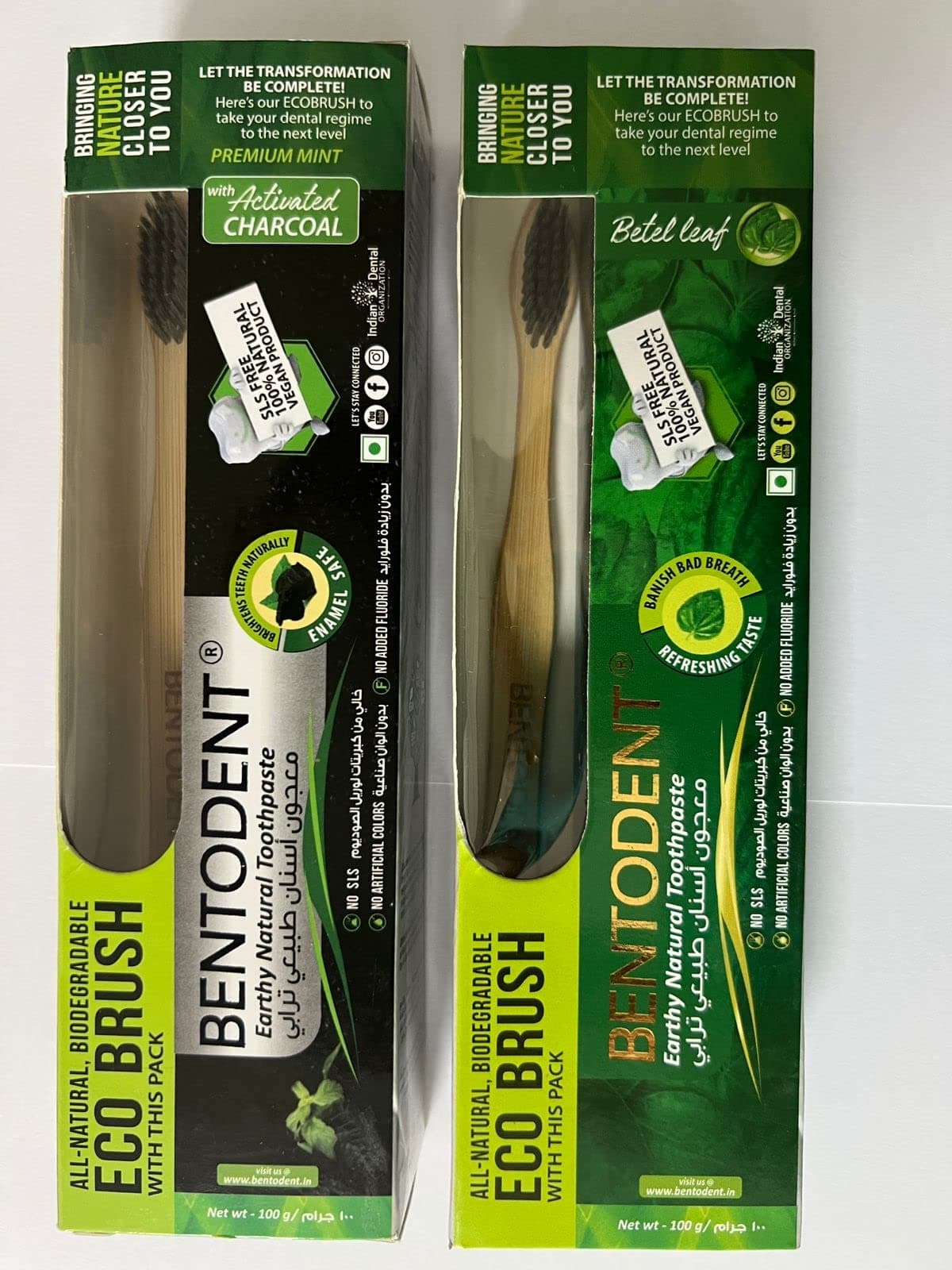 BENTODENT - Activated Charcoal Toothpaste 100g + Betel Leaf Toothpaste 100g | FREE Bamboo Brush (Pack of 2) | SLS Free | No added fluoride | Vegan | No Artificial colors | Mint | Natural Toothpaste