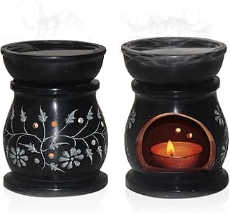 Pure Source India Handcrafted Soapstone Aroma Burner Oil Diffuser and 1 Tea Light Candle (Black)