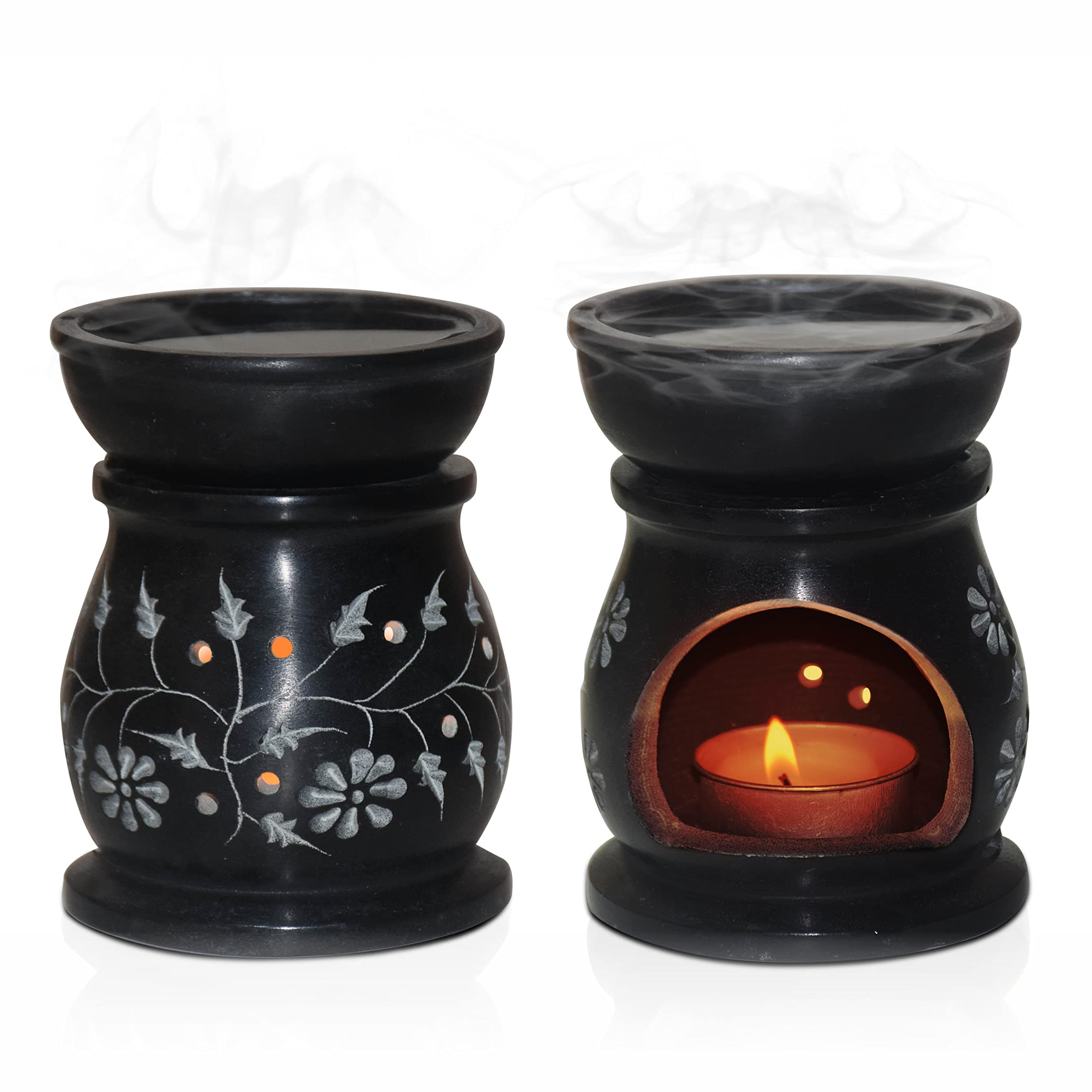 Handcrafted Soapstone Aroma Burner Oil Diffuser and 1 Tea Light Candle (Black)