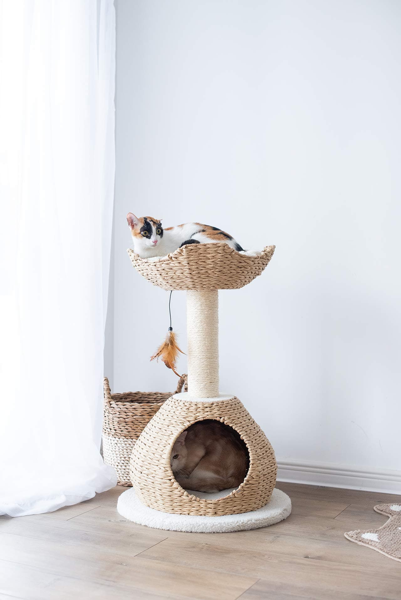 PetPalsHand Made Paper Rope Cat Tree Condo with Scratching Post, Perch and Interactive Feather Toy, Natural