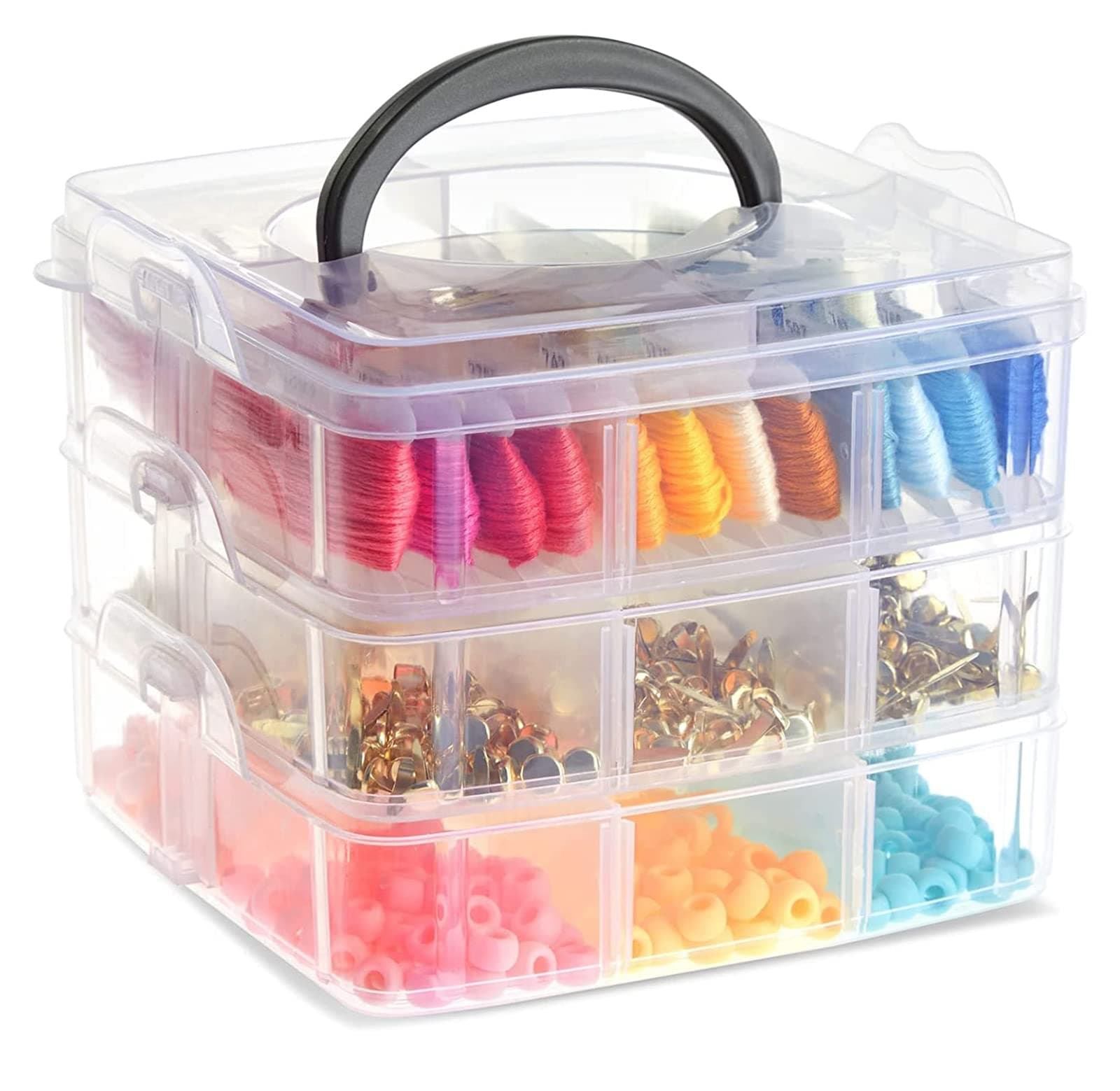 3 Layer Stackable Storage Container, Plastic Craft Box Organizer with 30 Adjustable Compartments & Handle Portable Beads Organizers Box for Arts, Crafts, Toy, Fuse Beads, Washi Tapes, Jewelry, Clear