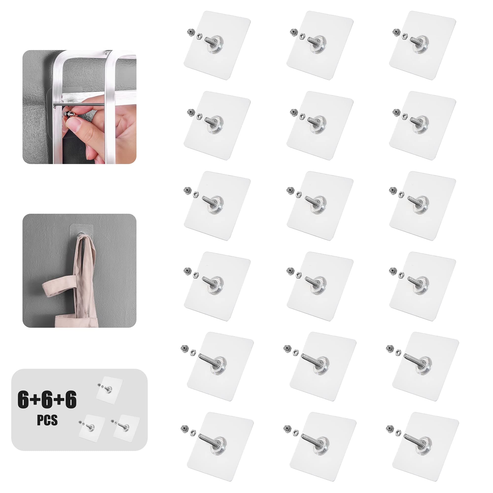 Self Adhesive Screw Set,No Drilling Wall Hanging Tool,Traceless Sticker Hook,Easy Mounted Back Glue Hanger,Strong Bearing/Nail Free/Stainless Steel/Heavy Duty/Waterproof/Seamless/Reusable(18pcs)