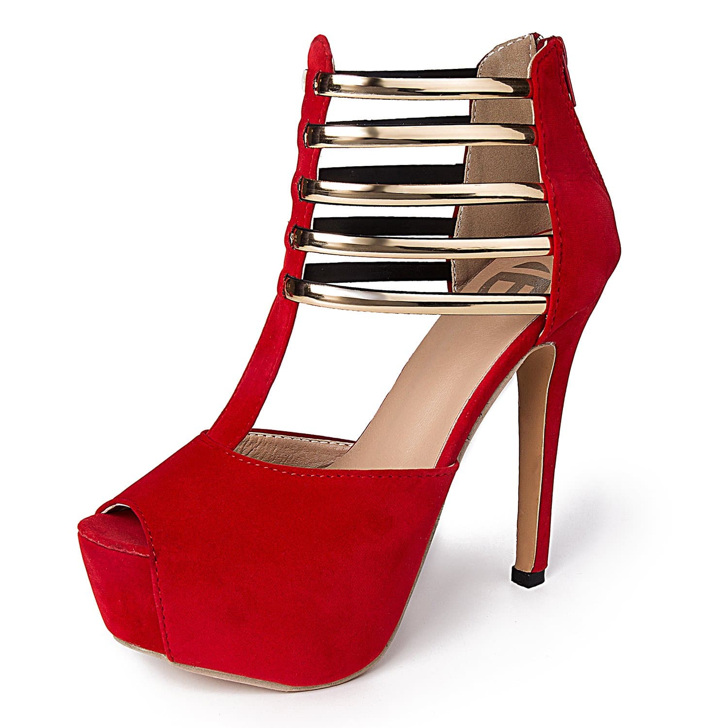 Figoo Platform Pump High Heels Black/Red Peep Toe T-Strap