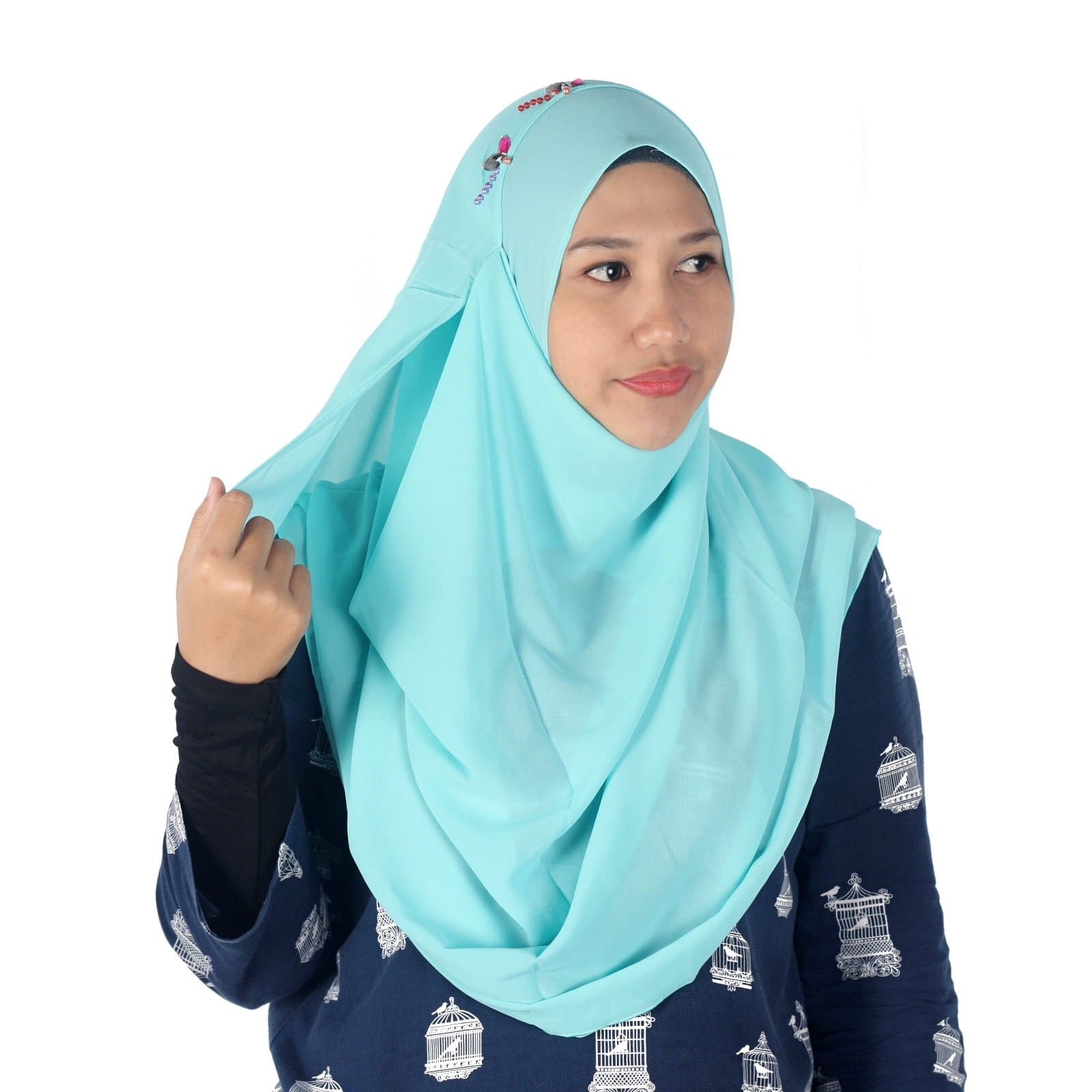 Womens Turquoise Plain Double Loop Instant Chiffon Hijab Scarf Ready Wear