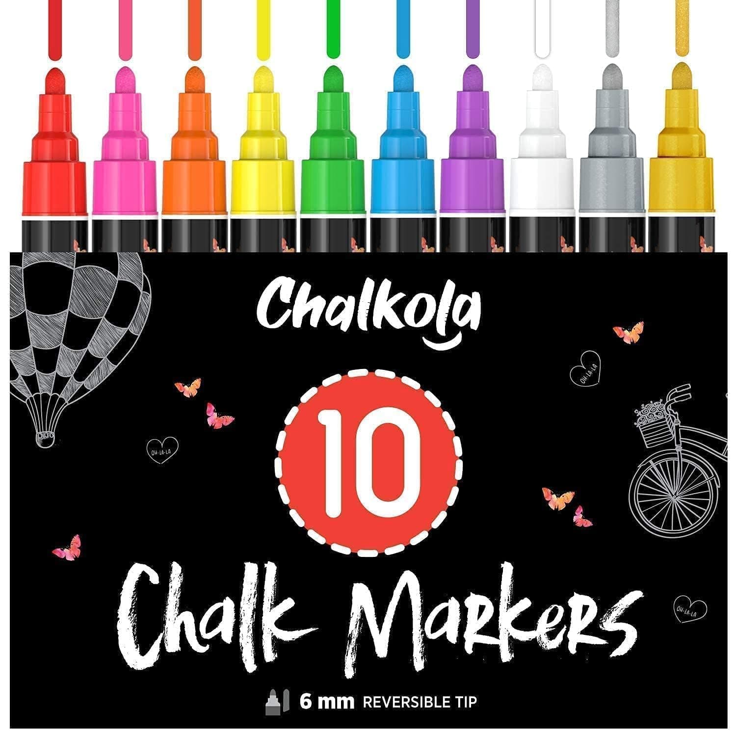 Liquid Chalk Pens (10 Pack) with Gold & Silver - Bold Dry Erase Marker Pens for Blackboard, Windows, Chalkboard Signs, Bistro - 6mm Reversible Tip