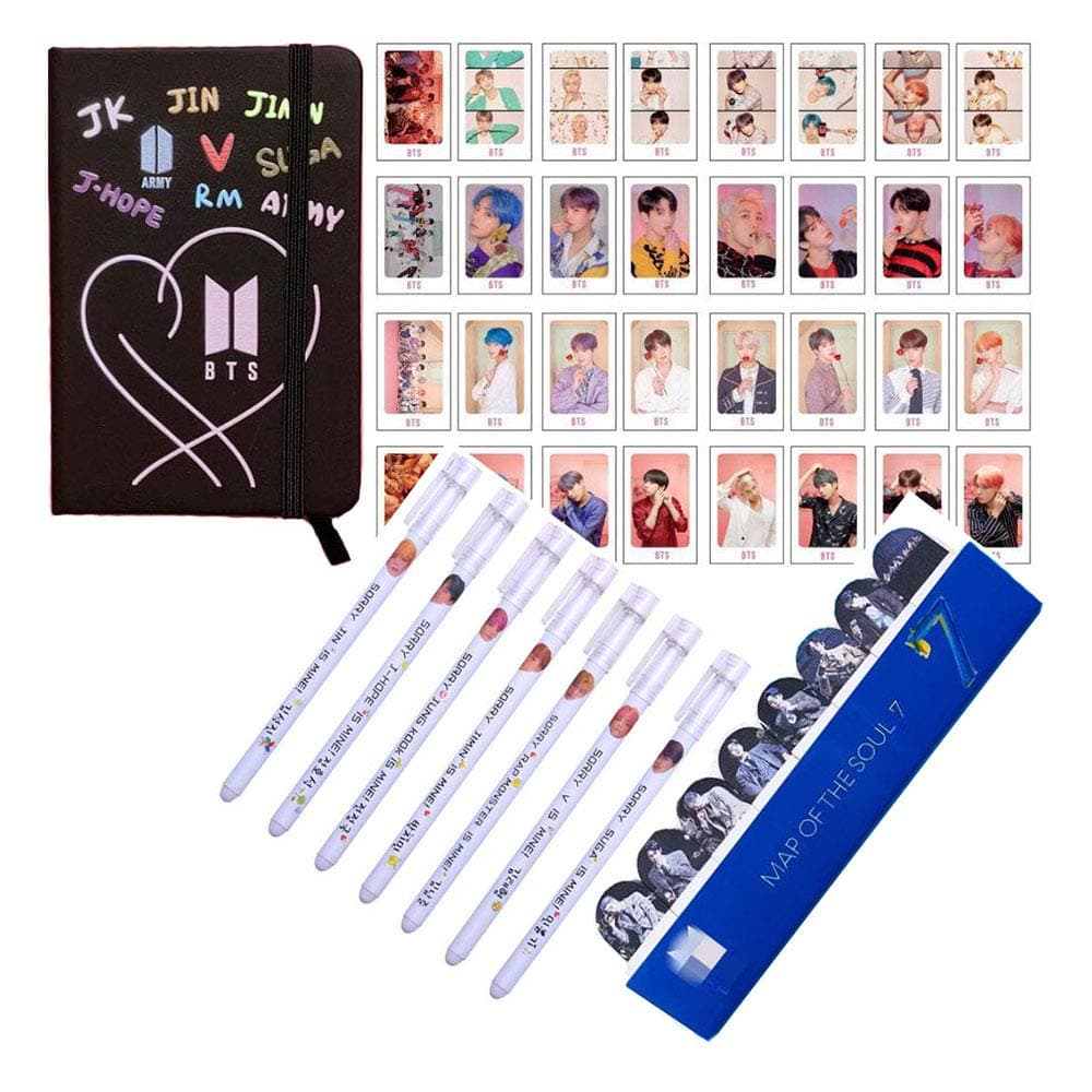 Kpop Star Gift Set- 32 PCS Postcards + 1 Leather Notebook + 7PCS Pen + 1 Pads Sticky Notes + 5 Photo Clips 2 Meter String