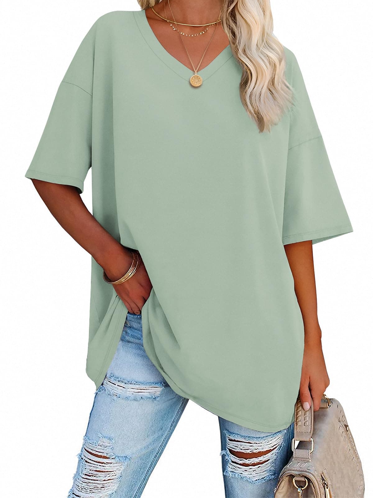 Womens Oversized Shirts V Neck Plus Size Spring Workout Summer Tops Beach Vacation 2026 Gym Clothes Basic Tee