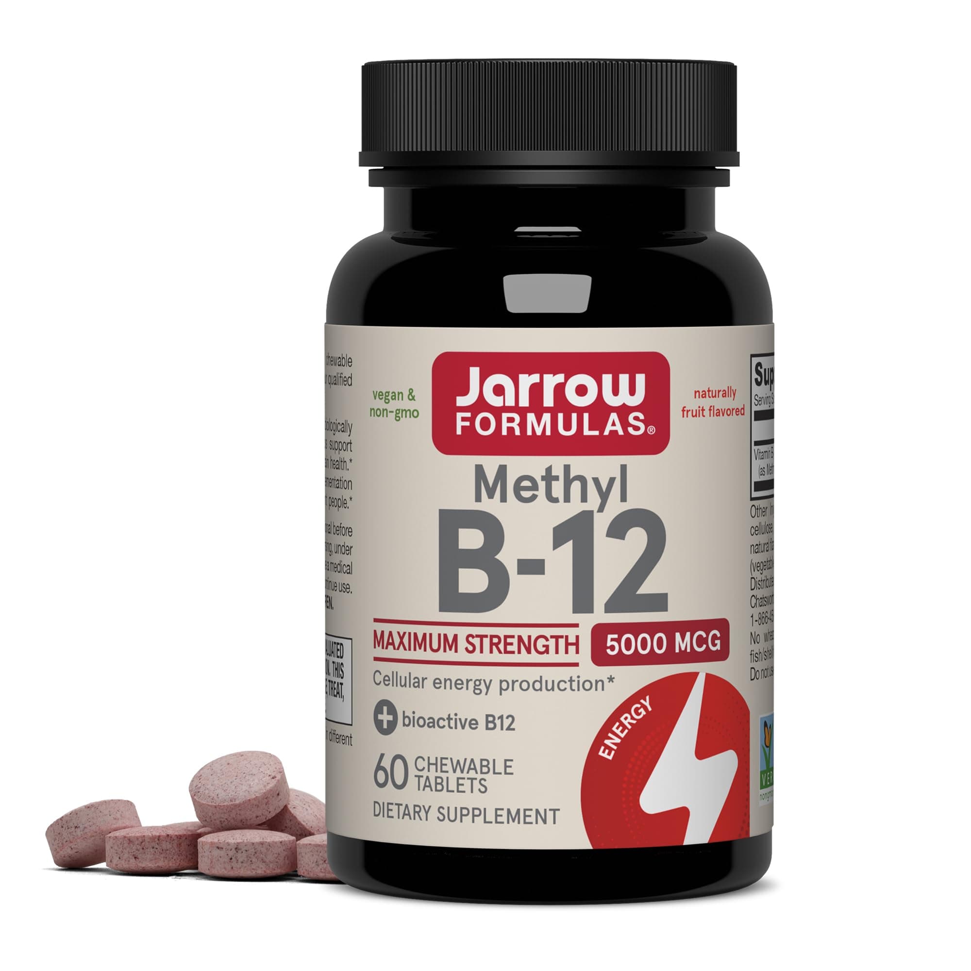 Jarrow Formulas Methyl Vitamin B12 5000 mcg - 60 Chewable Tablets, Naturally Fruit Flavored- Bioactive B12 Vitamin - Supports Cellular Energy Production, Brain Health & Metabolism - 60 Servings