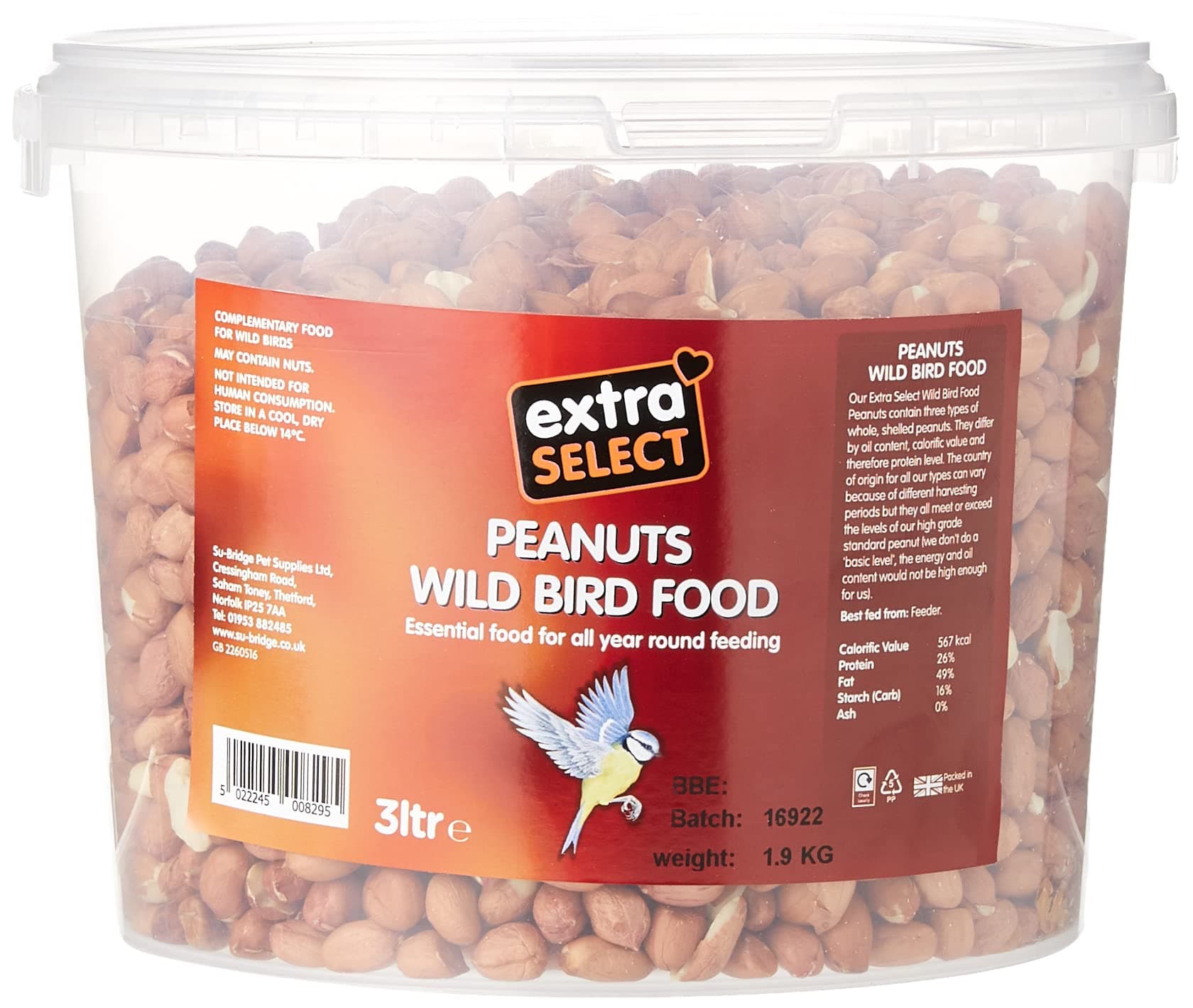 Extra Select Wild Bird Peanuts: High Grade, Protein Rich, Year Round Wild Bird Food Peanuts - Ideal for Winter Feed - 3 Litre Tub