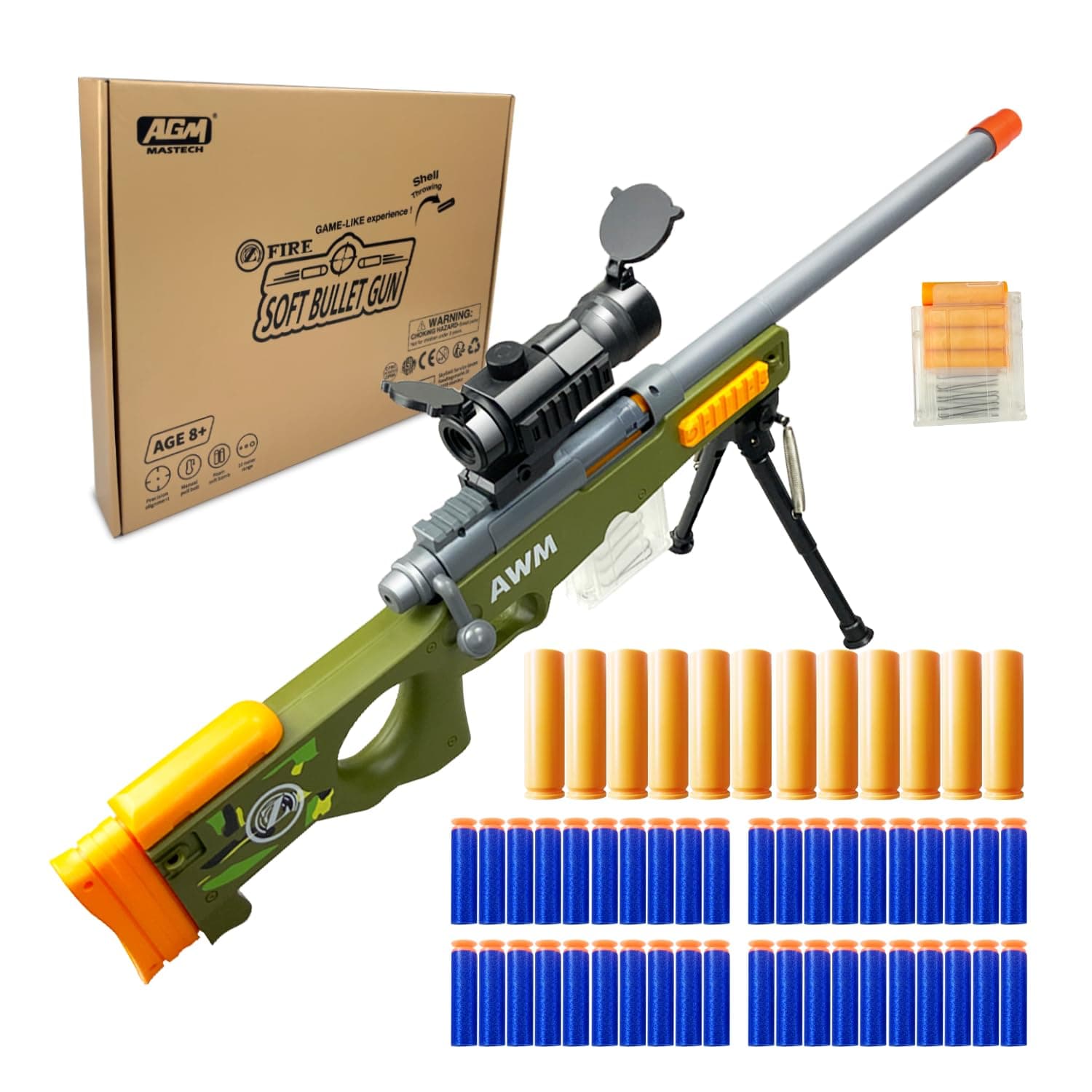 AWM Shell-Throwing Blaster Set, 40 Official Foam Darts, 12 Shells, 2 Magazines. Fun Playset for Boys Girl, Kids, and Adults (Green)