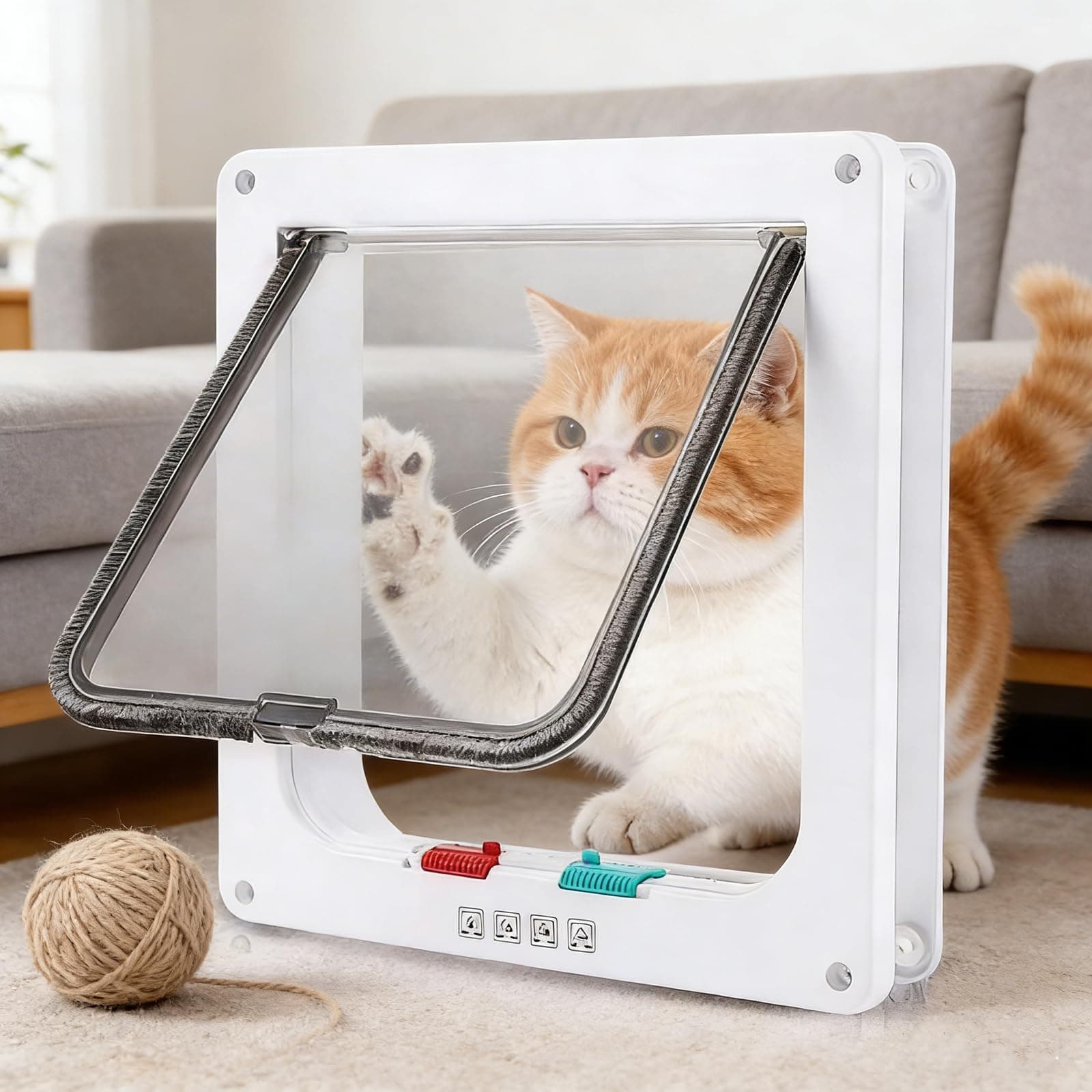 Cat Door, (Outer Size 7.5" x 7.8") 4 Way Locking Cat Flap Door for Interior Exterior Doors, Pet Doors for Window & Wall