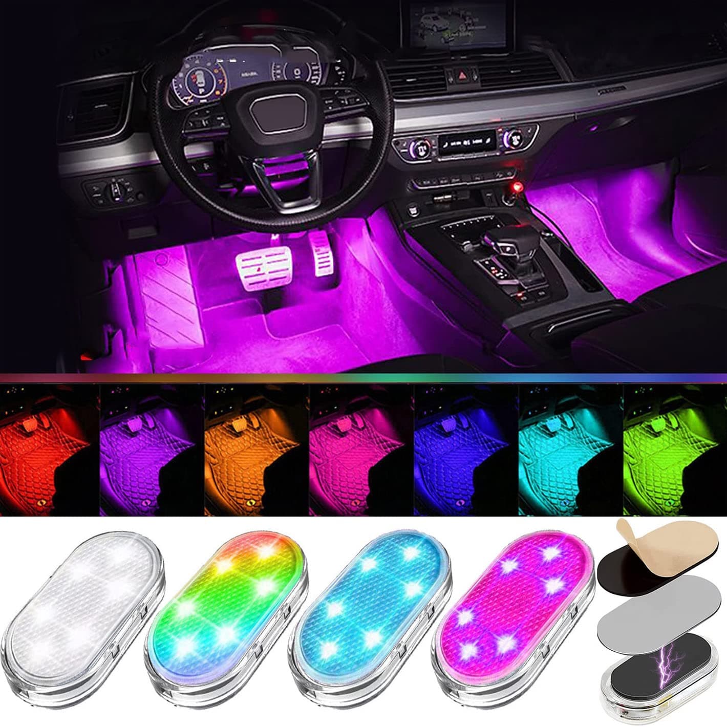 4Pcs Car LED Lights Interior Wireless, 7 Colors Interior Car Lights with 6 Bright LED Lamp Beads, Portable USB Rechargeable Car Interior Led Night Light for Car Decor