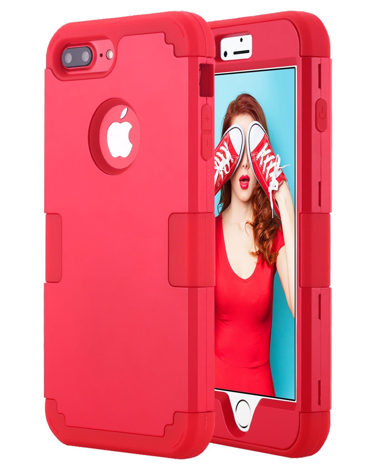 Petocase Compatible iPhone 8 Plus Case, Heavy Duty Slim Shockproof Drop Protection 3 in 1 Hybrid Hard PC Covers Soft Rubber Bumper Protective Case for iPhone 8 Plus / 7 Plus - Red