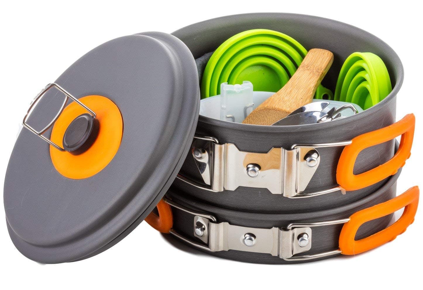 Mess Kit Non Melting Silicone Handles New Generation Anodized Non Stick Aluminum Pots-13 Piece Cookware Set - Oxford Drawstring Carrying Bag - Camping Cookware Survival - Handles That Stay in Position