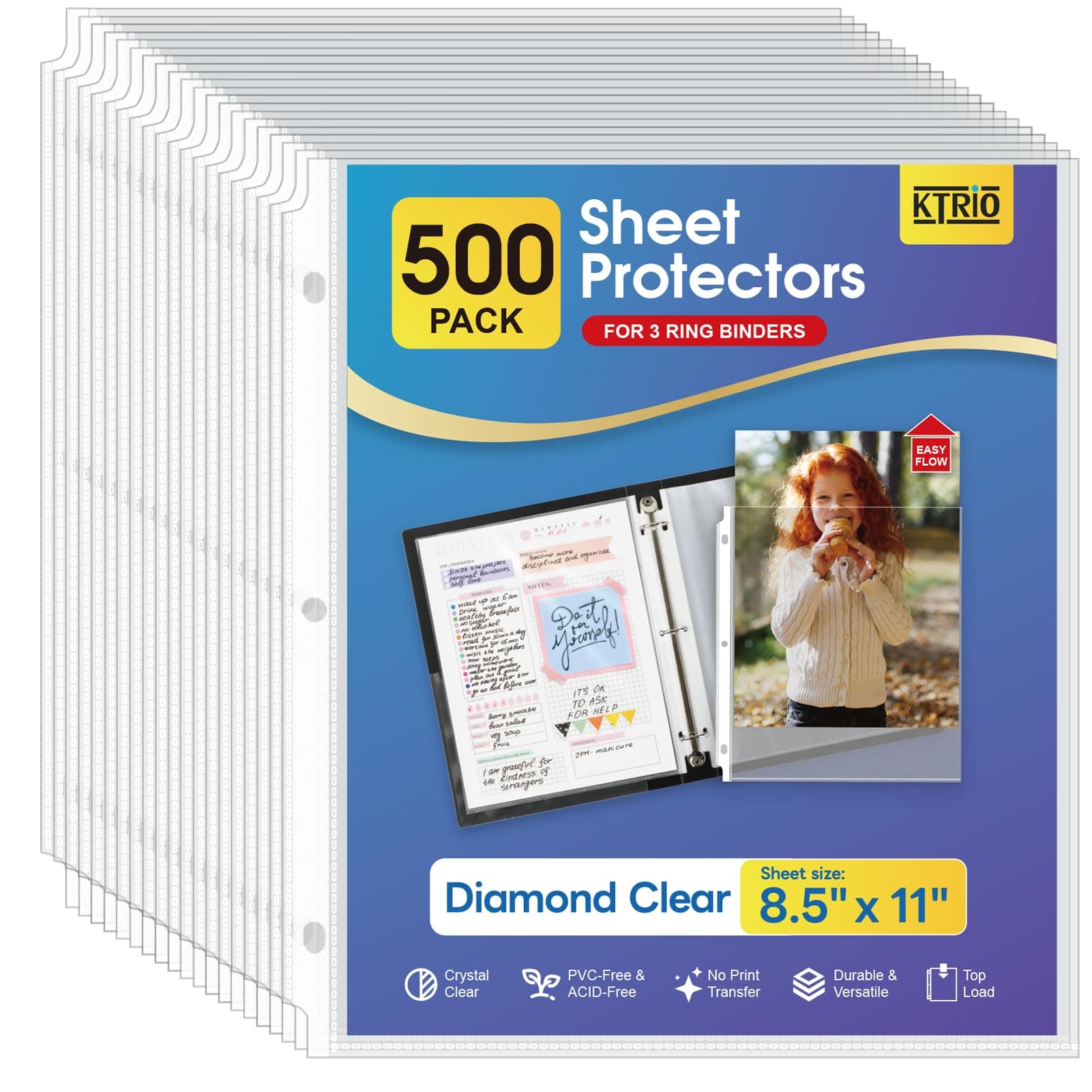 KTRIO Sheet Protectors for 3 Ring Binder 500 Pack, Clear Page Protectors 8.5 x 11, Plastic Binder Sleeves for Paper, Top Loading, Office Home School