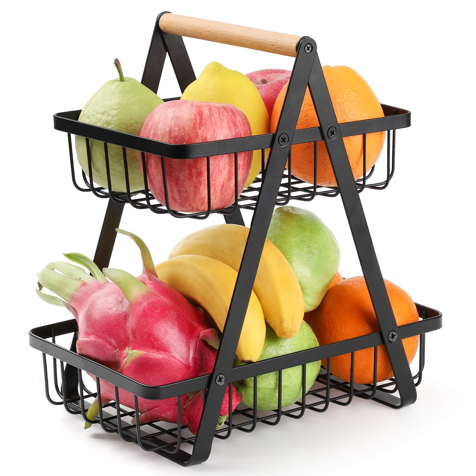 2 Tier Fruit Basket, URESMAT Detachable Fruit Basket Bowl for Kitchen, Kitchen Storage Counter Dining Room Organizer for Fruits Snacks Vegetables, Black
