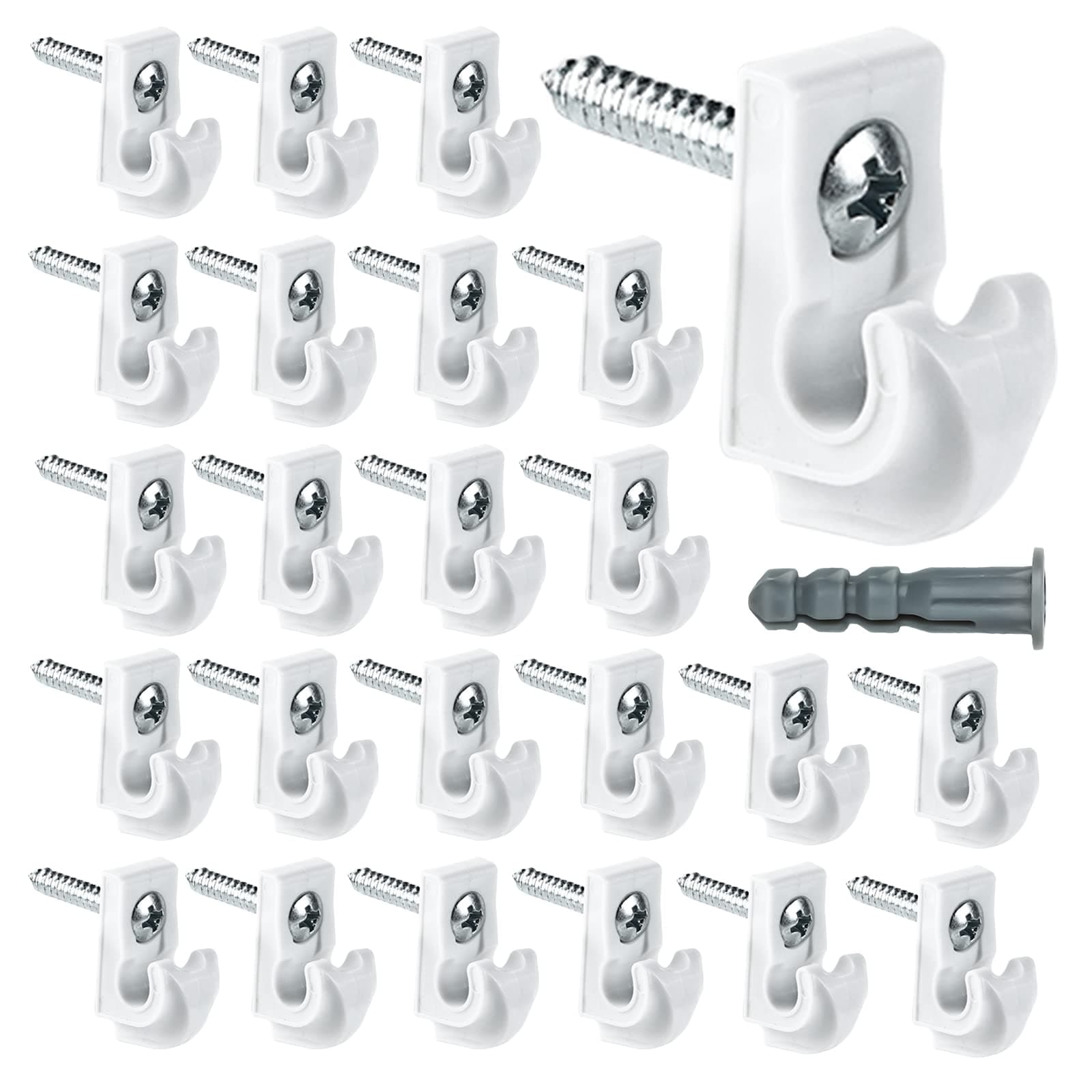 24 Pack White Down Wall Clip Closet Shelves Clips Wire Shelf Loop Clip Plastic Heavy Duty Wire Shelf Brackets Included Clips Screws and Expansion Tubes for Wire Closet Shelving