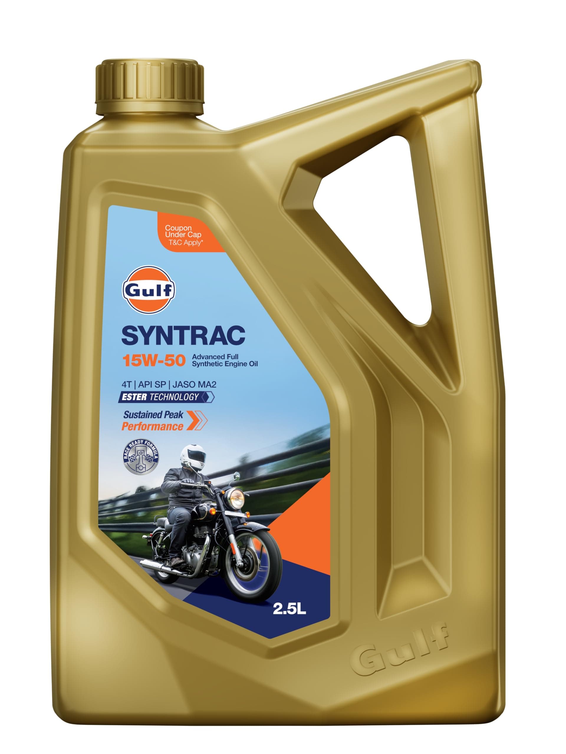 Gulf SYNTRAC 15W-50 4T API SP, JASO MA2 | Ester Technology | 2 Wheeler Bike Advanced 100% Full-Synthetic Engine Oil [2.5 L] - Pack of 1