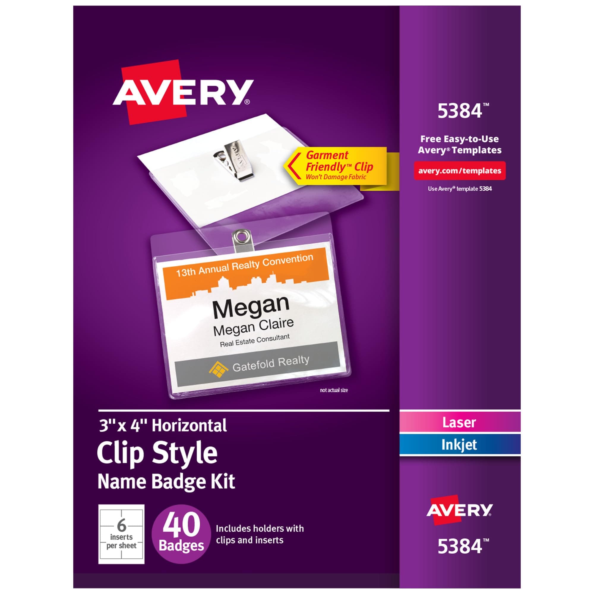 Avery Customizable Name Badges with Clips, 3" x 4", Clear Name Tag Holders with White Printable Inserts, 40 Clip Style Name Badges (5384)