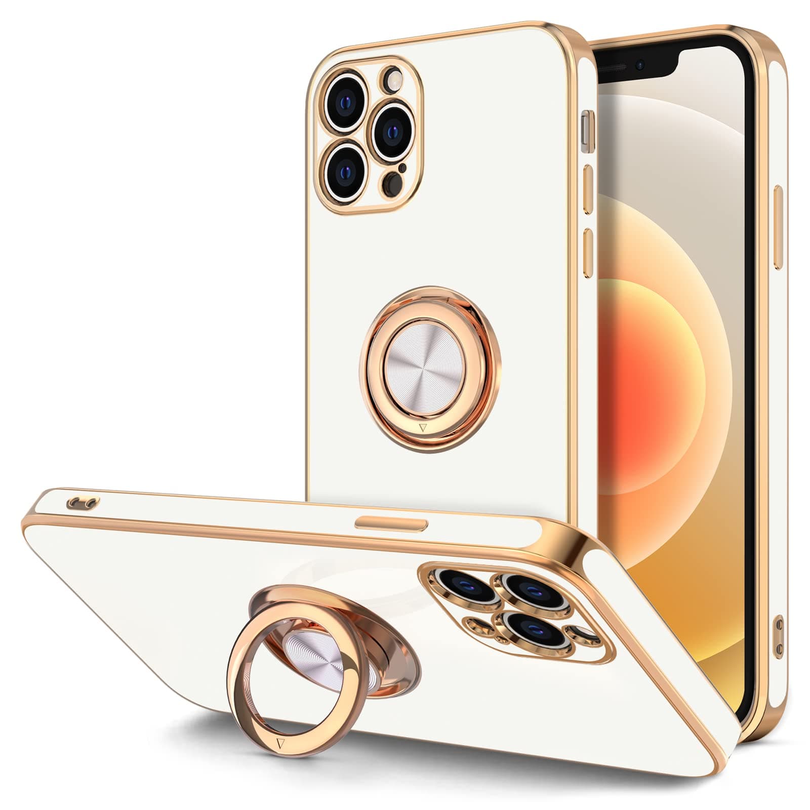Hython Case for iPhone 12 Pro Max Case with Ring Stand [360° Rotatable Ring Holder Magnetic Kickstand] [Soft Microfiber Lining] Plating Rose Gold Edge Shockproof Protective Phone Cases Cover, White