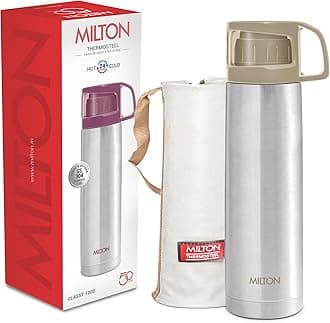 Milton insulated water bottle 1 litre (34 oz) of stainless steel with cup & Cover, Double walled vacuum thermal flasks for hot drinks, Leakproof, for travel, sports, camping, hiking, Glassy-1000 Grey