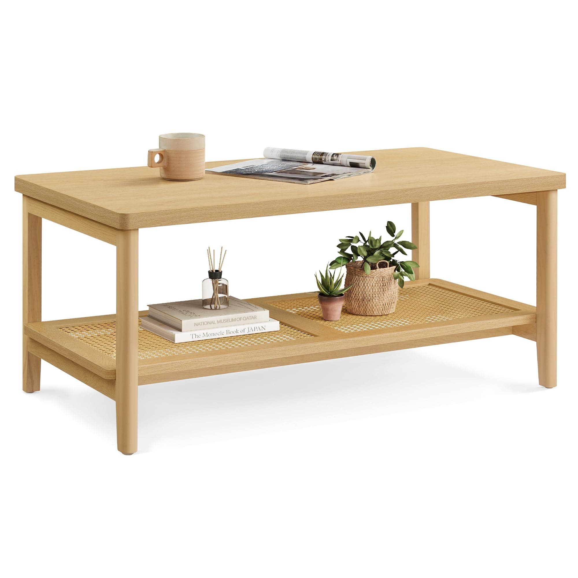 – 2-Tier Coffee Table for Living Room, Rectangular Living Room Table, with PVC Rattan Storage Shelf, Rounded Corners, Easy Assembly, Boho Style, 21.7 x 39.4 x 17.7 Inches, Oak Beige ULCT240Y57