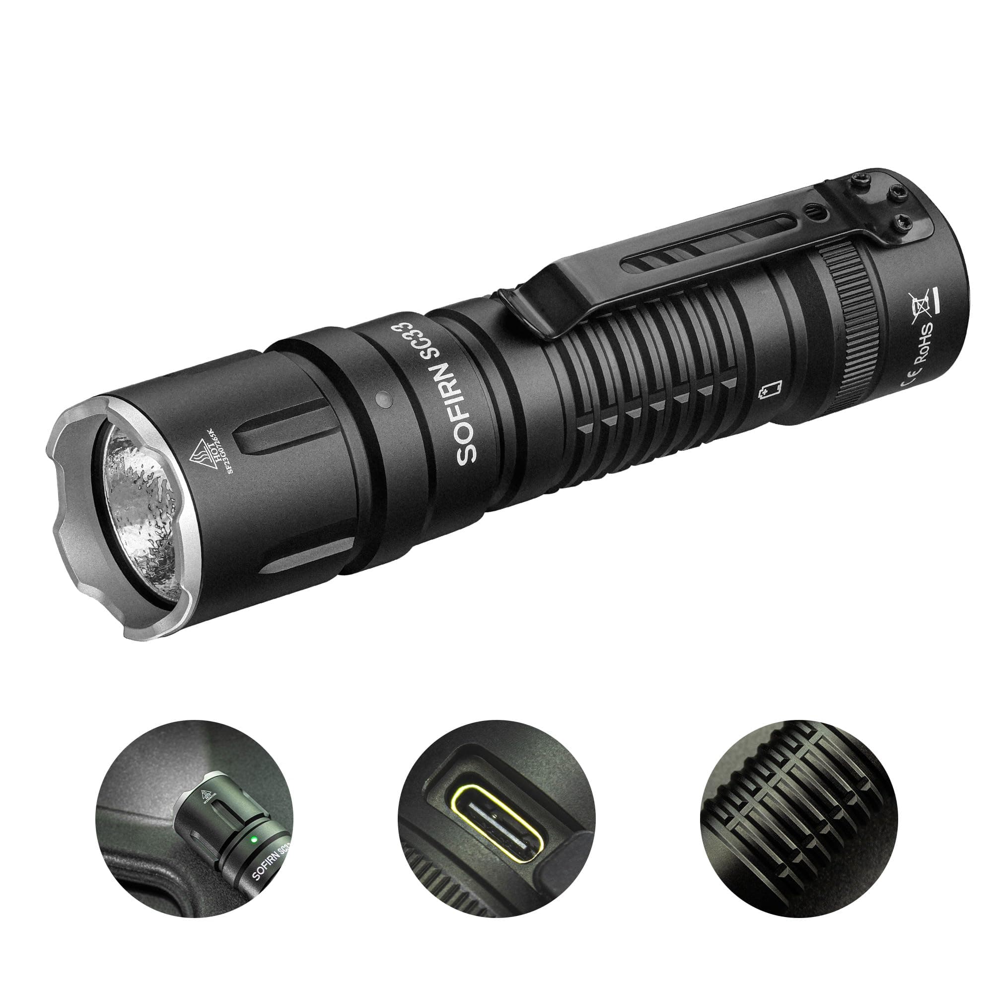 Sofirn SC33 Rechargeable Flashlights, EDC Flashlight High Lumens Super Bright 5200 Lumens, with a Tail E-Switch, Regulated Output for Camping, Hiking, Emergency, Household Search