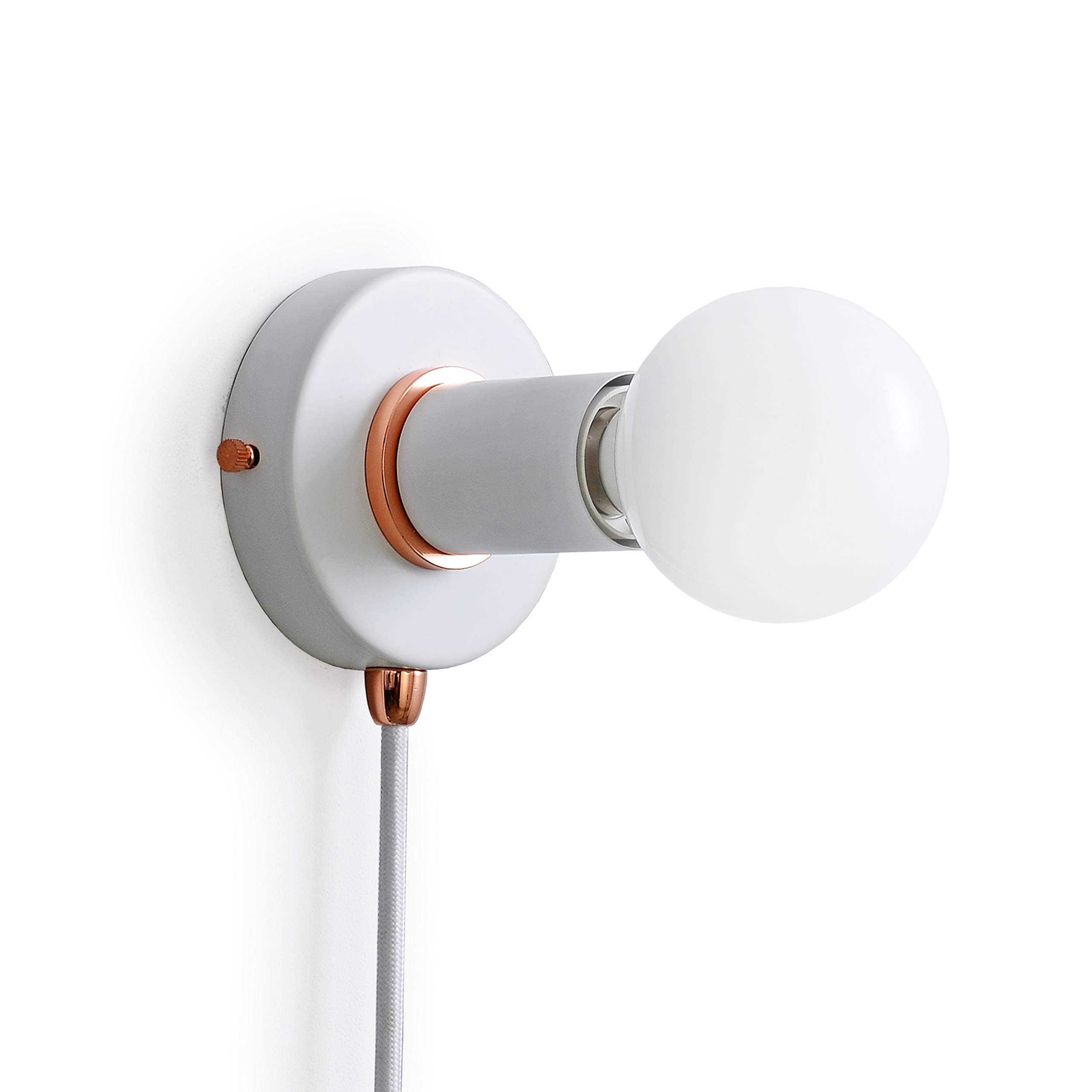 Matte White Plug-in Simple Ring Wall Sconce Light - Rose Gold Color Accents - Modern Minimalist Lighting - Mid Century Industrial Exposed Bulb Wall Lamp - 16Ft Fabric Cord (BW0005-1AP)