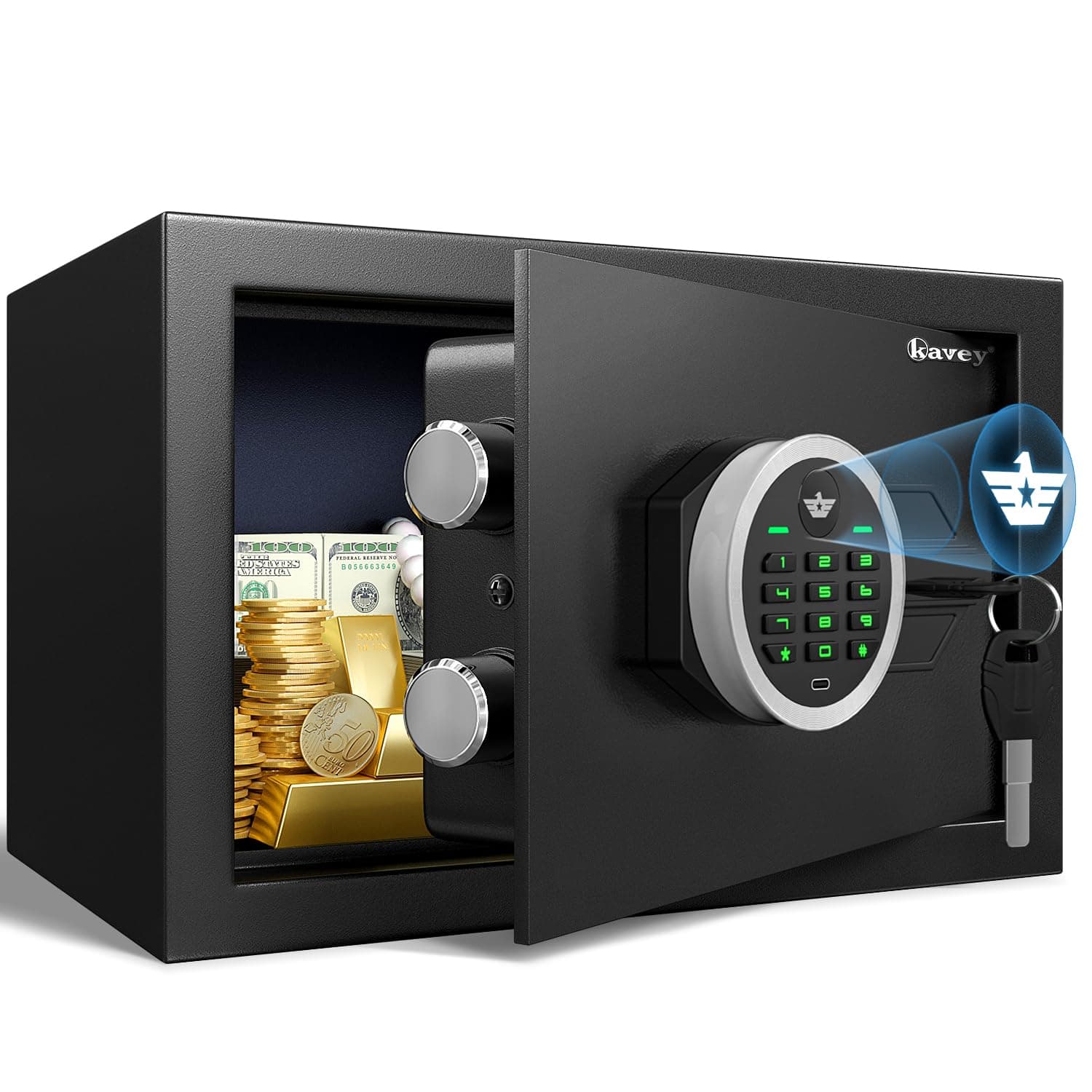 Kavey 0.5 Cub Safe Box, Small Safe with Digital Keypad and Dual Alarm System, Money Safe With Mute Function and LED Light, Safe with Removable Shelf, Safe for Money Valuables