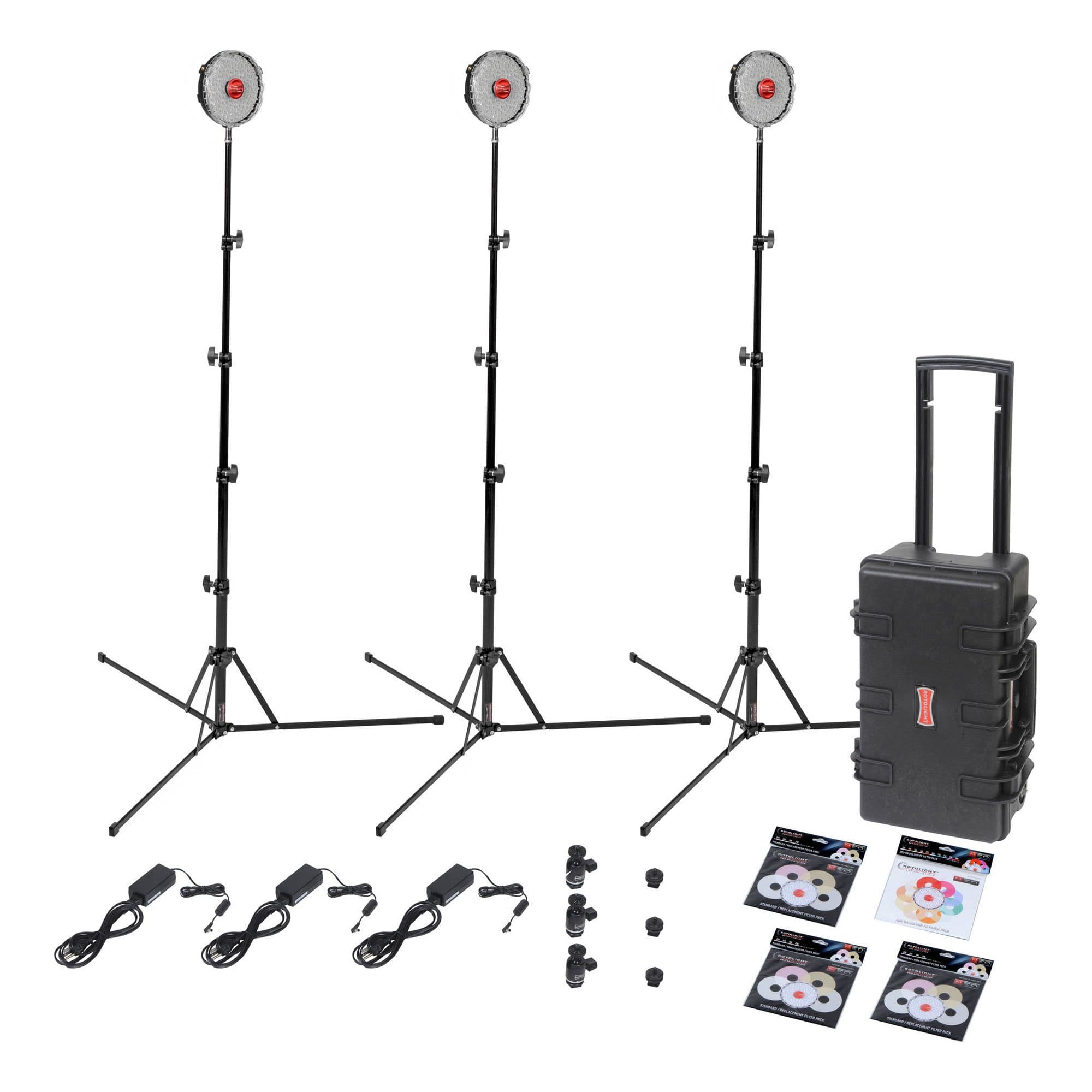 ROTOLIGHT NEO 3 Light Kit with 3x NEO On-camera LED Light, NEO Case, 3x Light Stands, 3x Hot-shoe Adapters, 3x Pro 360Deg. Ball Swivel, 3x NEO Filter Pack, NEO Color Filter Pack, Power Supplies