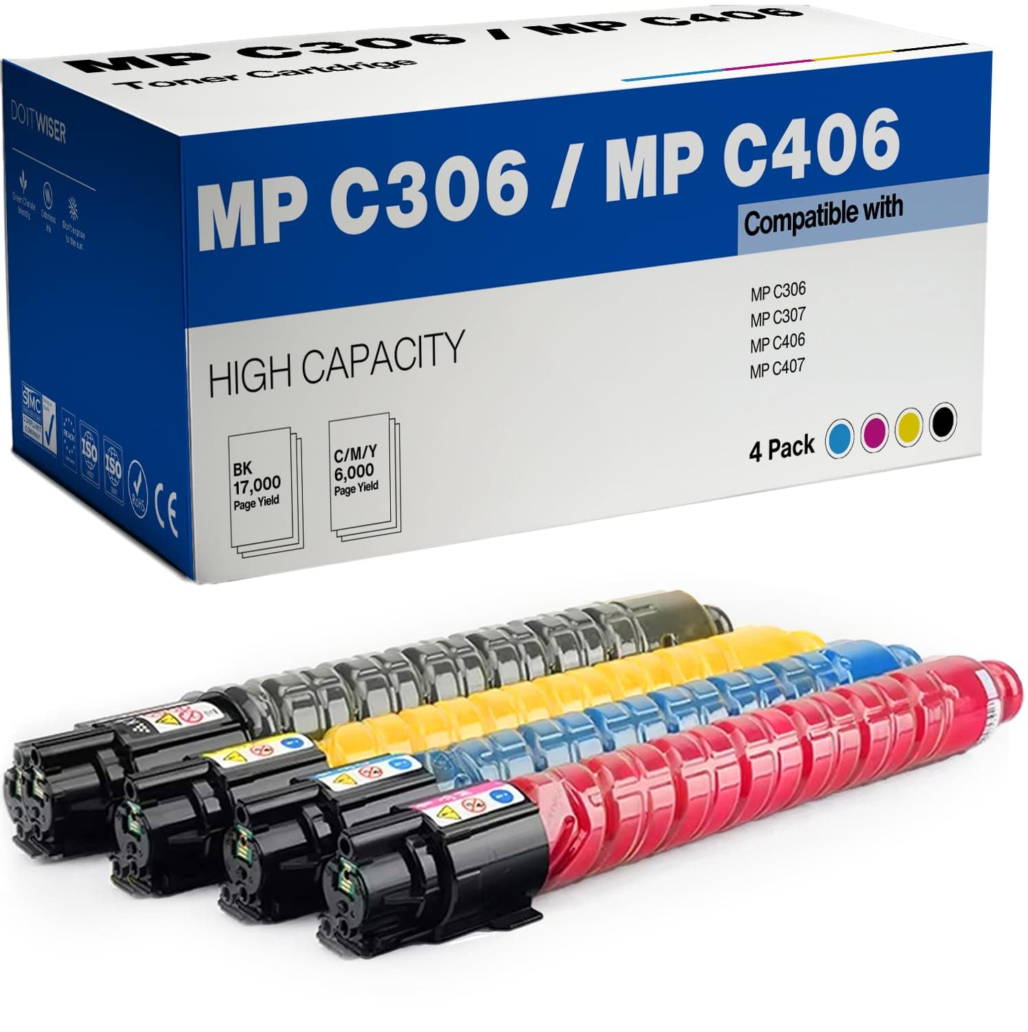 Do it Wiser Compatible Printer Toner Cartridge Replacement for Ricoh MP C307 MP C306 MP C406 MP C407 - 842091 842092 842093 842094 (Black, Cyan, Magenta, Yellow, 4Pack) High Yield