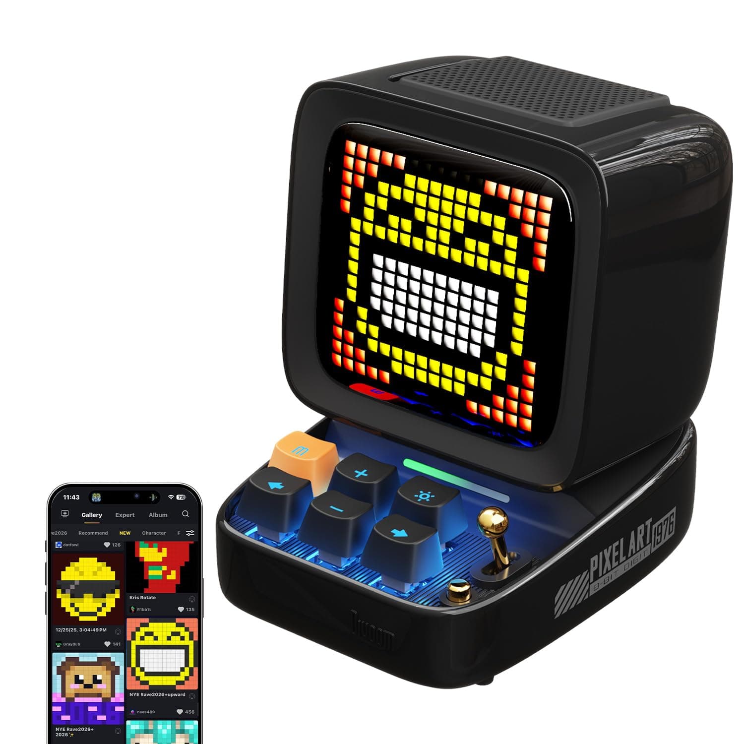Ditoo Multifunctional Pixel Art Bluetooth Speaker, Retro Portable Speaker with Programmable RGB Led Screen, Smart Alarm Clock, Mechanical Keyboard, Supports TF Card & Radio (Black)