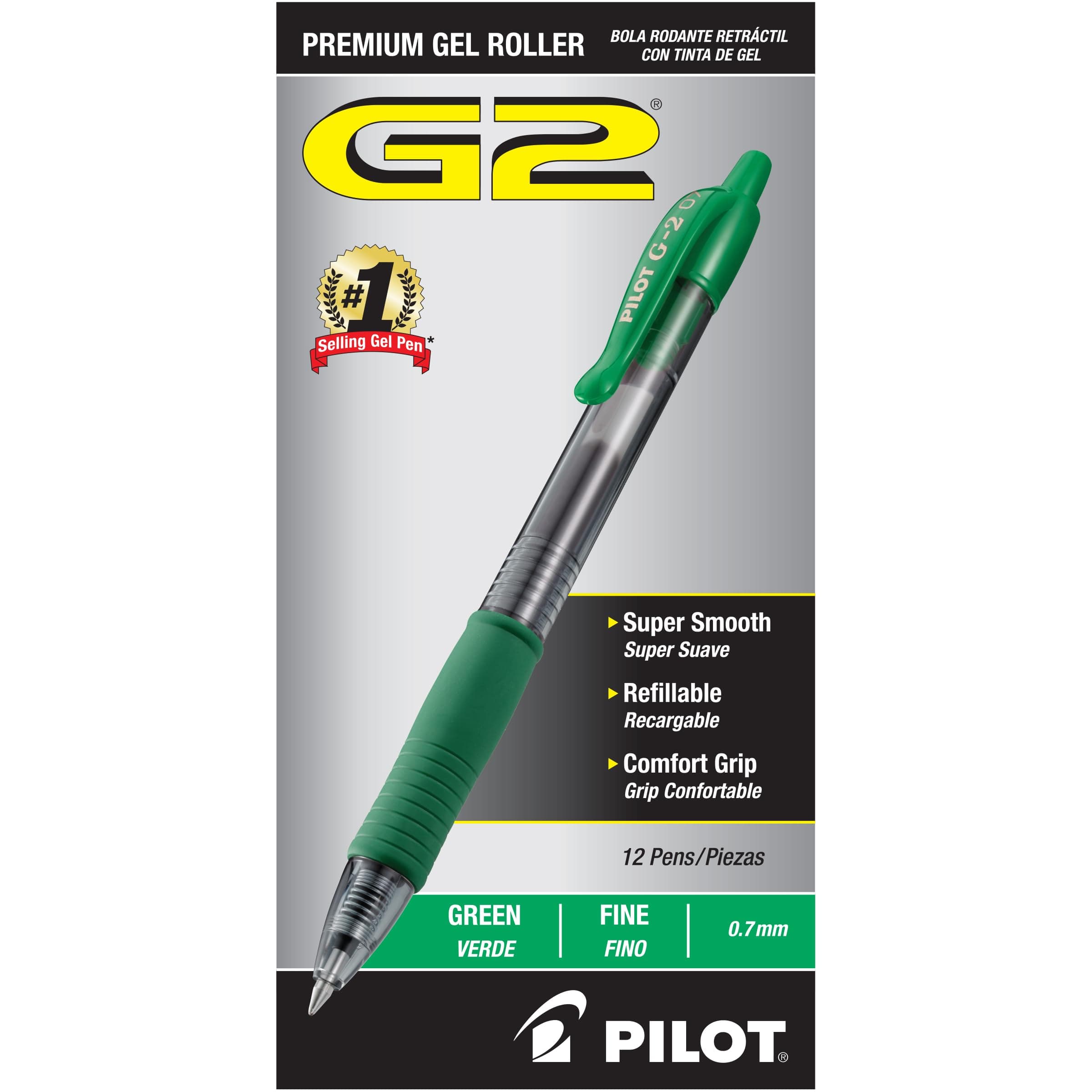 Pilot G2 Premium Gel Roller Pens, Fine Point 0.7 mm, Green Ink Pens Fine Point, Pack of 12 - Ideal for School, Journaling, and Office Writing