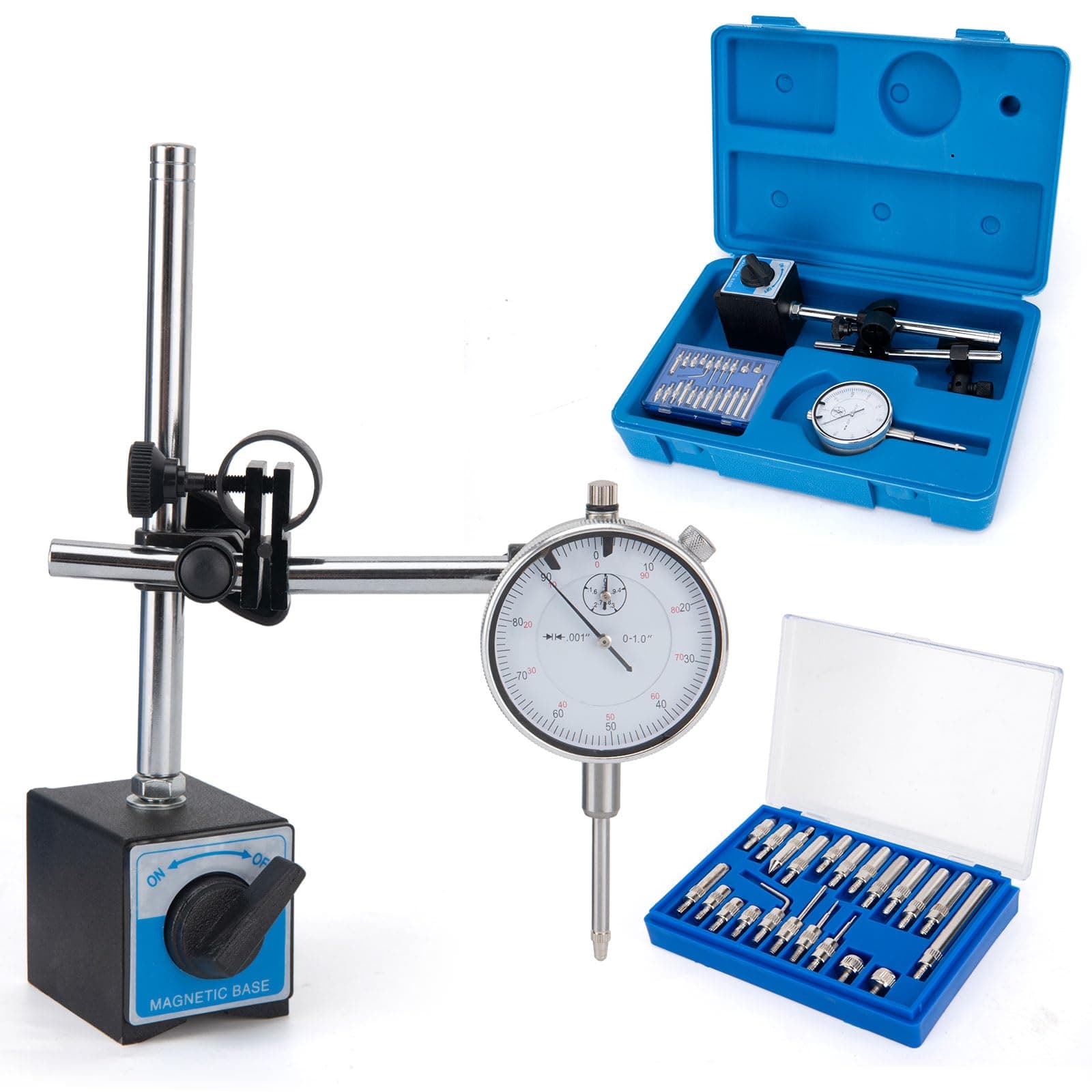 Dial Indicator with Magnetic Base 0-1 Inch Accuracy 0 Inch Magnetic Dial Indicator Kit with Fine Adjustment for Machining, Maintenance, Inspection, DIY, Repair