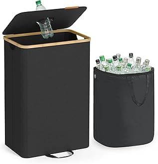 SONGMICS Recycling Bin, 25 Gal. Bottle Recycling Container, Deposit Bottle Collection Bin, for Metal, Plastic, Paper, Glass, Inner Bag with Handles, Kitchen, Ink Black and Natural Beige URRB509B01