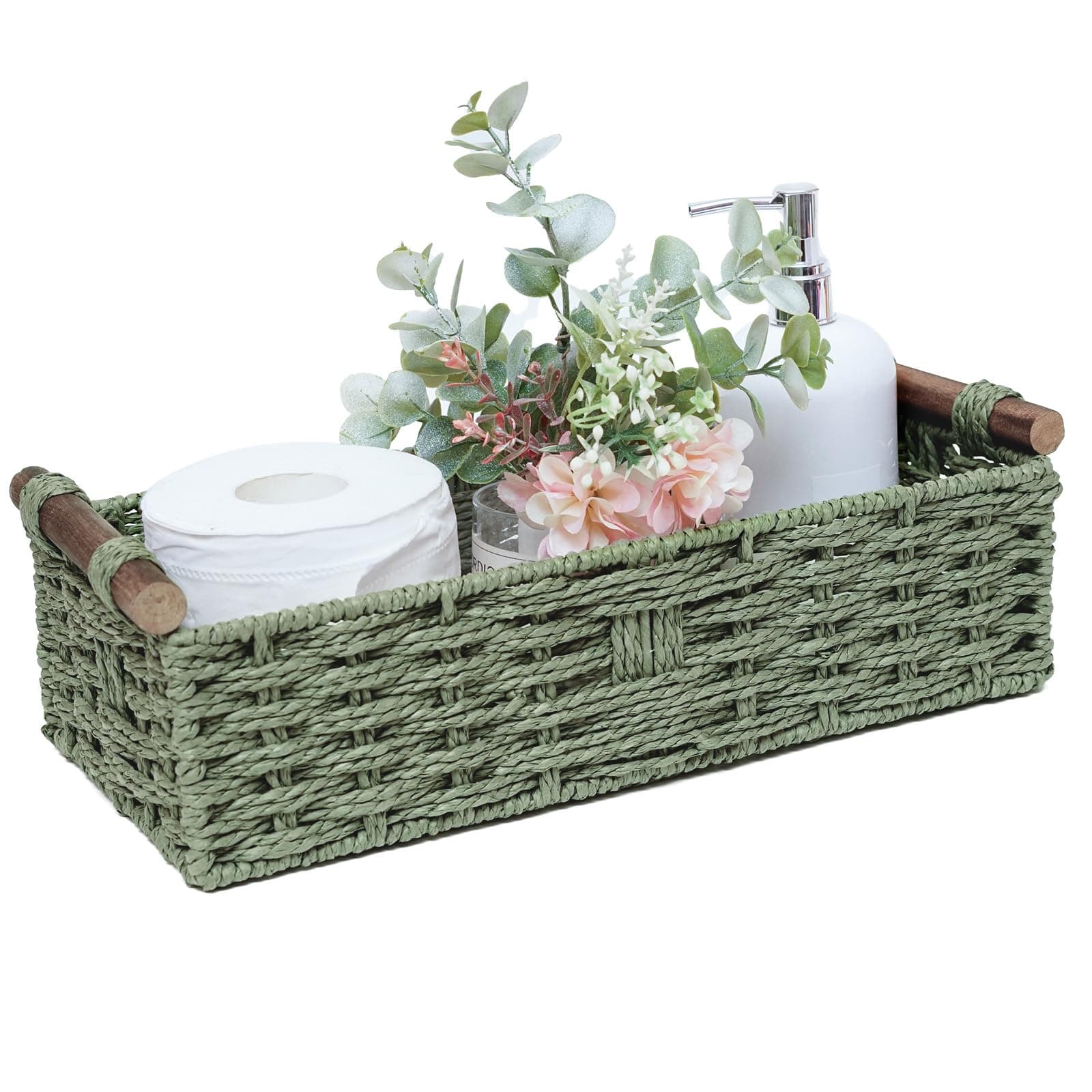 Round Paper Rope Storage Basket Wicker Baskets for Organizing with Handle Decorative Storage Bins for Countertop Toilet Paper Basket for Toilet Tank Top Small Baskets , Green