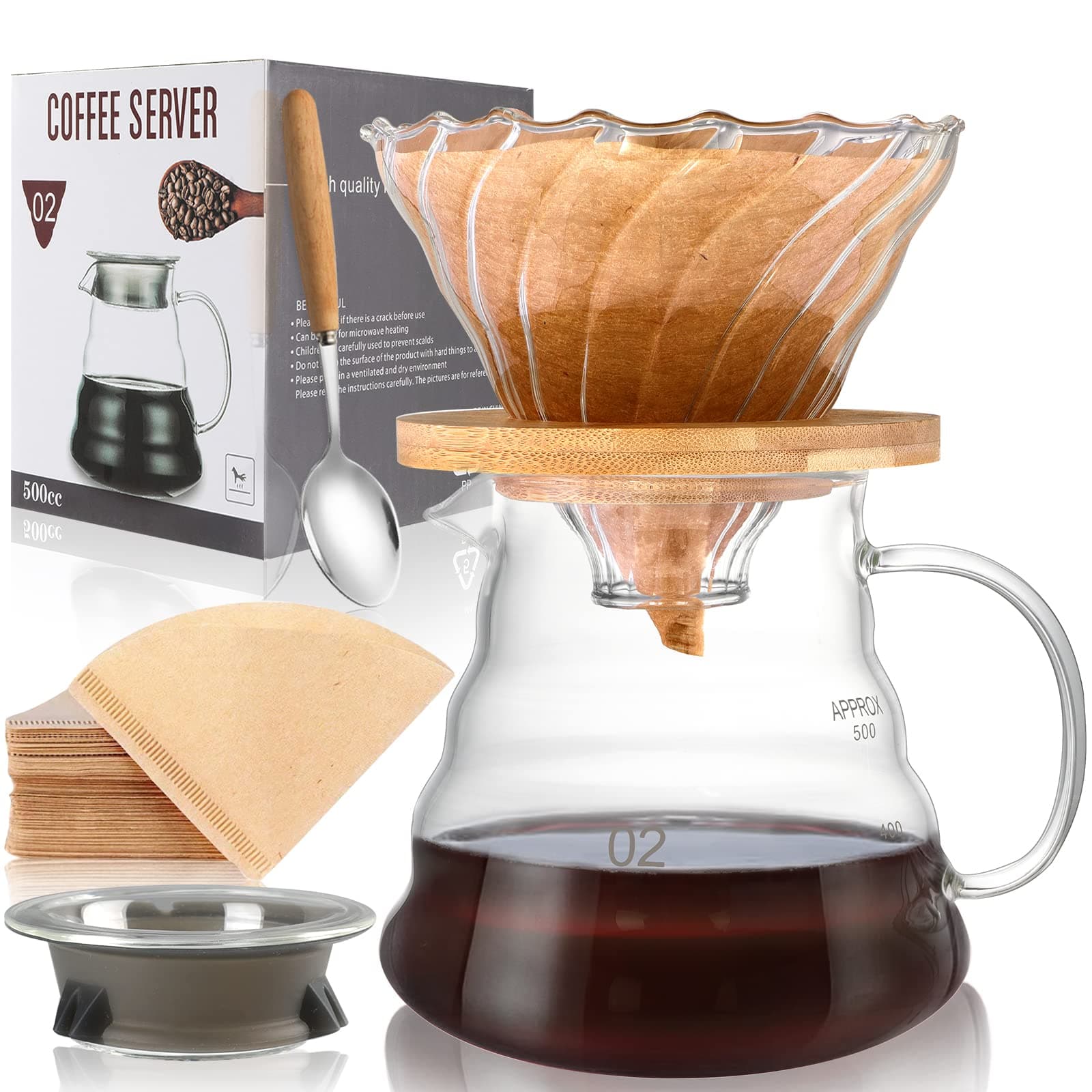 SuproBarware Pour Over Coffee Maker Set - Glass Dripper, Coffee Pot with Handle, Includes Spoon & 40 Paper Filters
