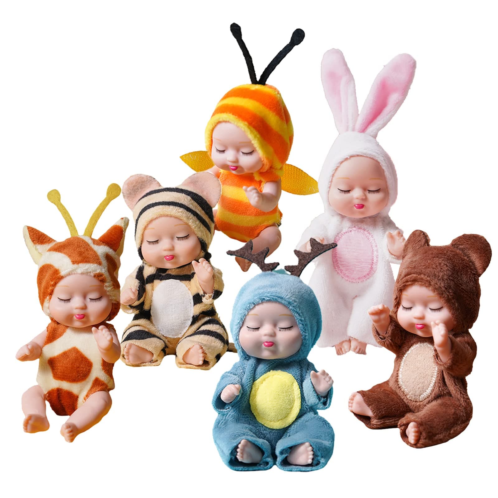 6 Sets Cute Baby Dolls Include 6 Pieces 4.5 Inch New Born Mini Dolls and 6 Pieces Handmade Animal Shape Doll Clothes（Bee, Rabbit, Brown Bear, Giraffe, Elk, Tiger）Toys Gift Party Favors Supplies