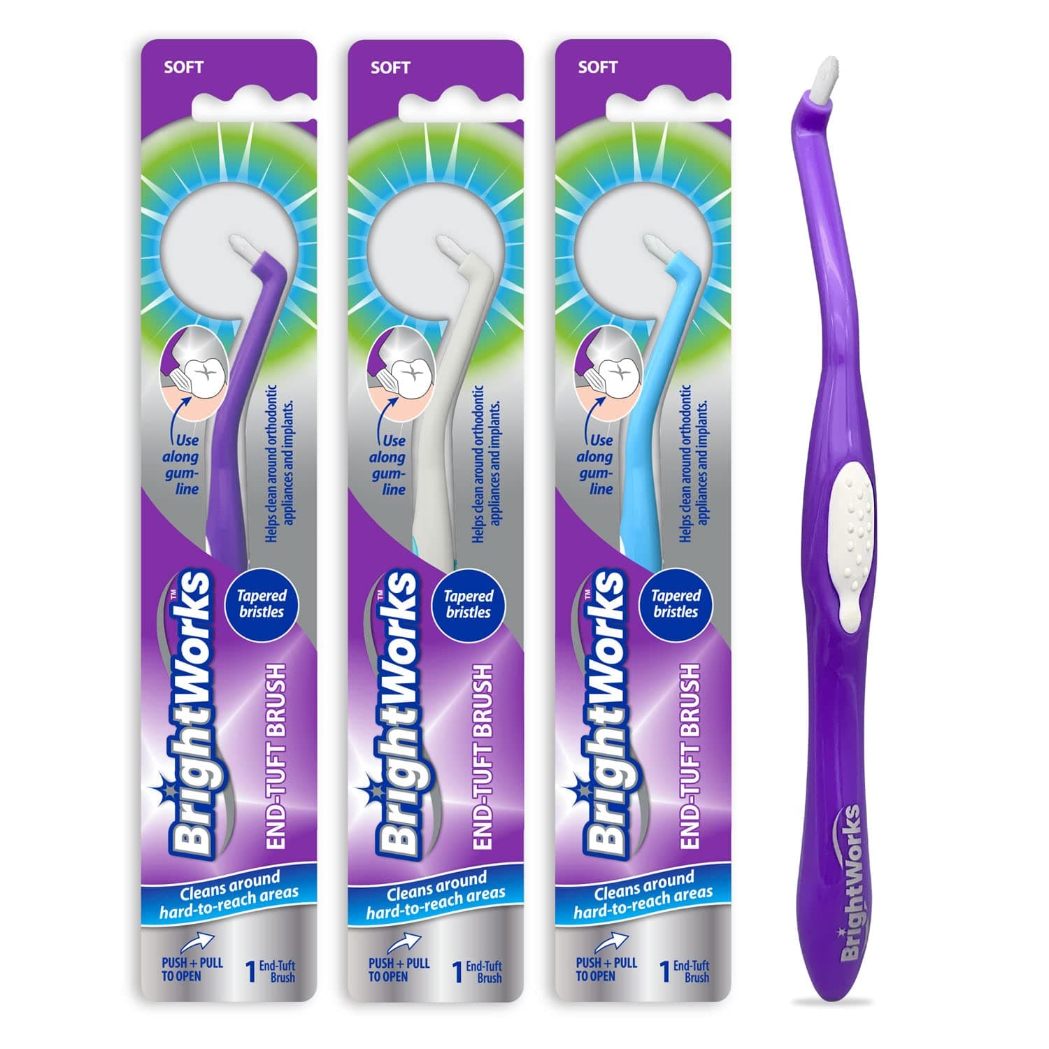 BrightWorks Manual End Tuft Brush Cleans Difficult Areas such as Crowns, Bridges, Implants, Wide Gaps Between Teeth (3 Pack)