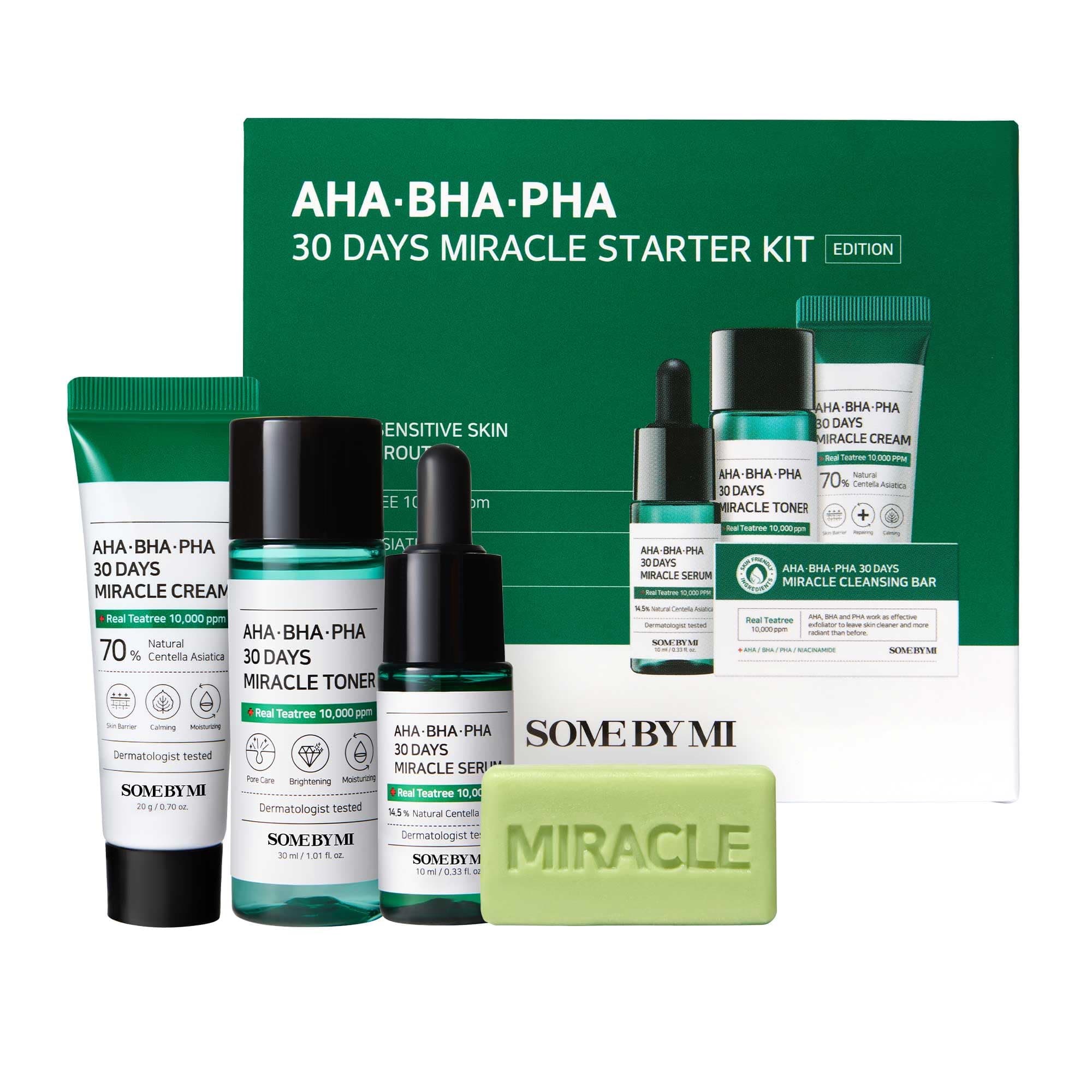 Some By Mi AHA-BHA-PHA 30 Days Miracle Starter Kit | Toner 30Ml + Serum 10Ml + Cream 20G + Cleansing Bar 30G | Set Of 4 Travel Kit
