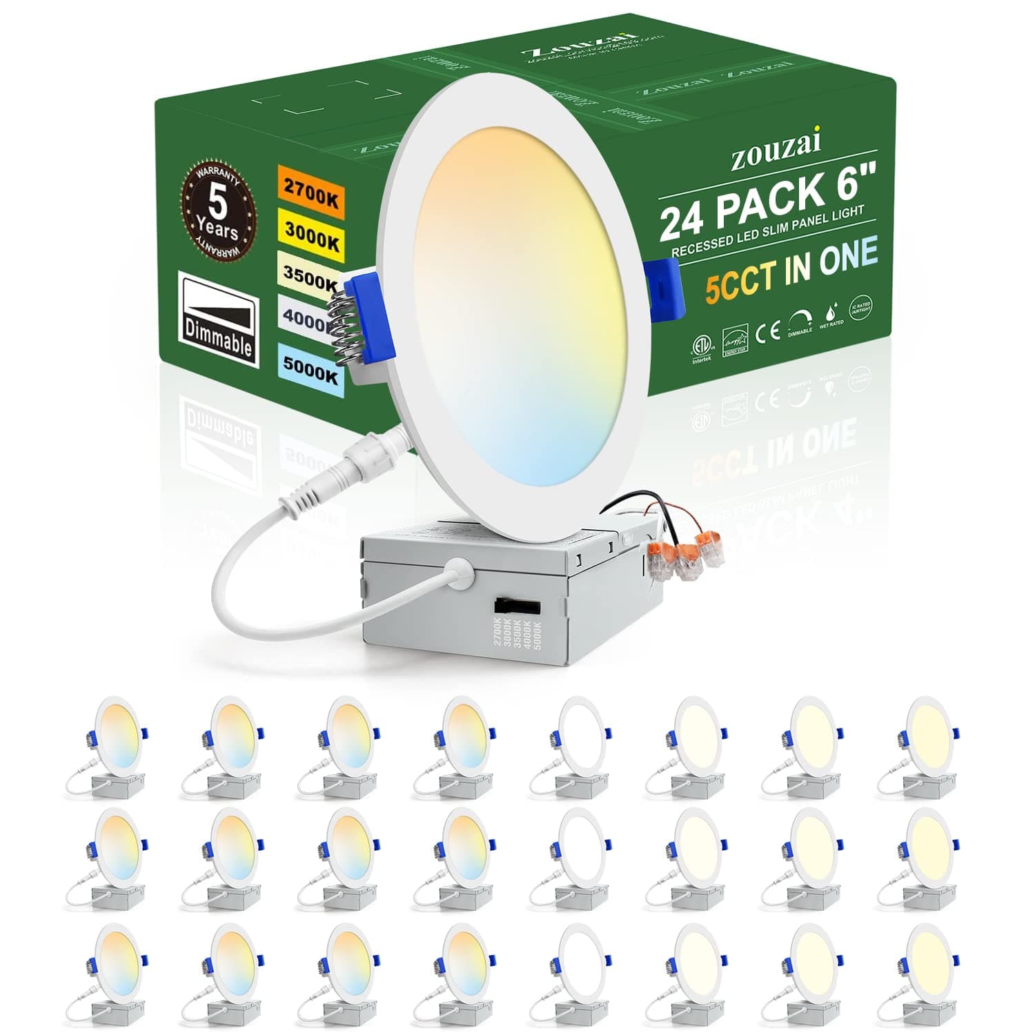 24 Pack 6 Inch Ultra-Thin LED Recessed Ceiling Light with Junction Box 5CCT Adjustable Dimmable Can-Killer Downlight - ETL and Energy Star Certified (24 Pack,5CCT, 6 Inch)