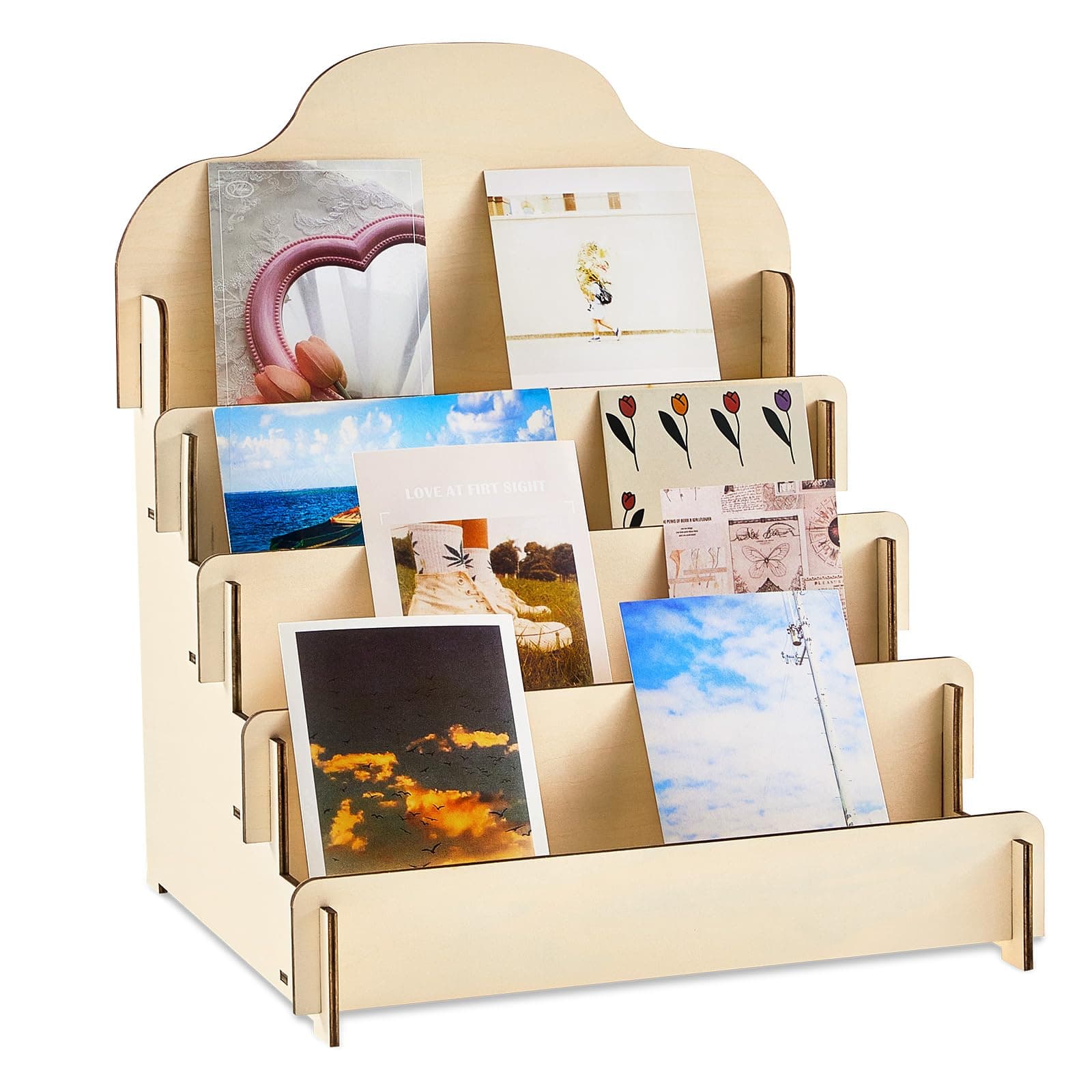 Barydat 4-Tier/5-Tier large Greeting Card Display Stand Wooden Display Stand for Postcard Brochure Photos Jewelry Sticker Holder for Vendors, Counter Retail, Home Decor(11.8 x 10.4 x 14.2 Inch,Beige)