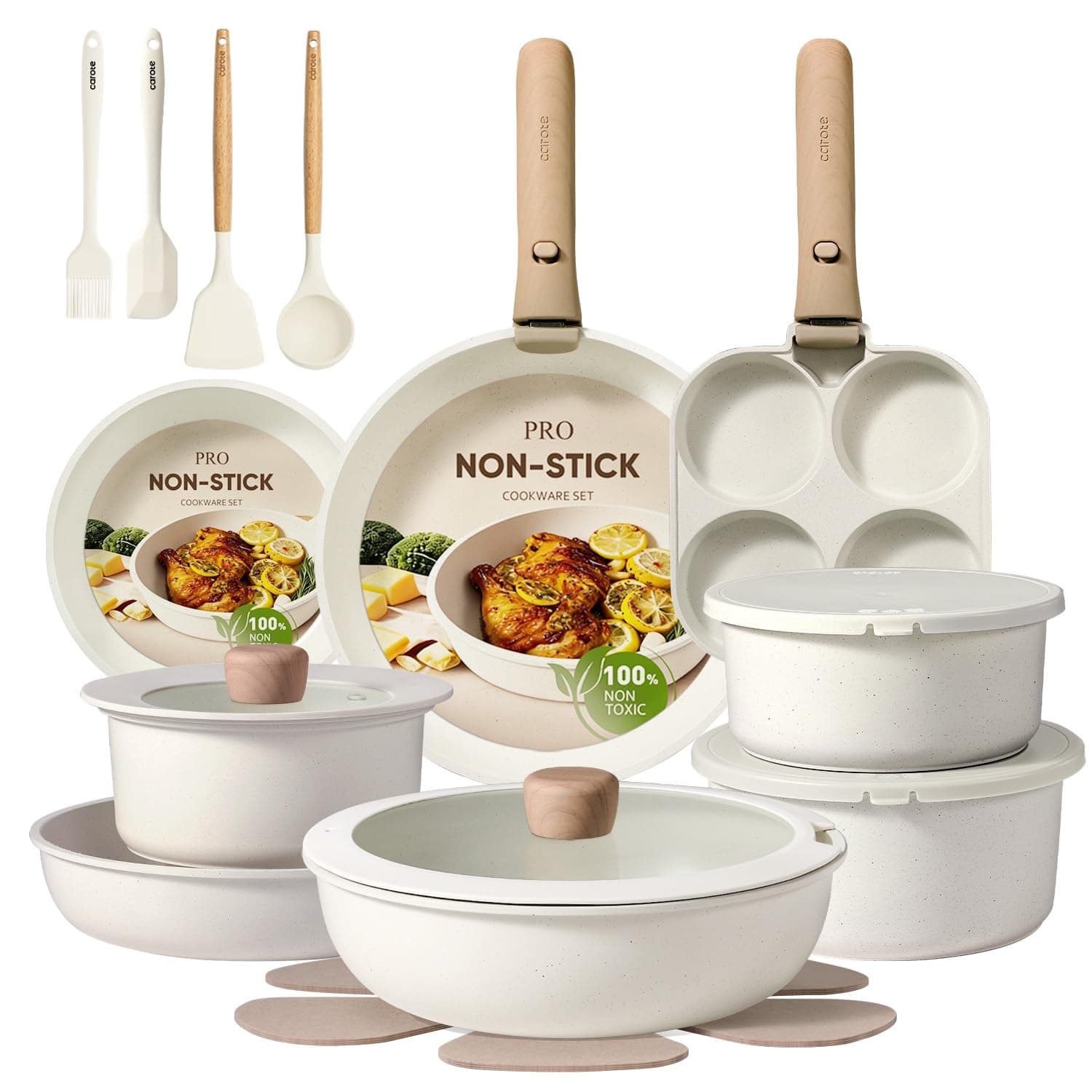 Pots and Pans Set Non Stick, Cookware Sets, Kitchen Set, Oven/Dishwasher/Fridge Safe, Space Saving Pots Set, Nonstick Set with Versatile Detachable Handle, Induction RV Set, Cream