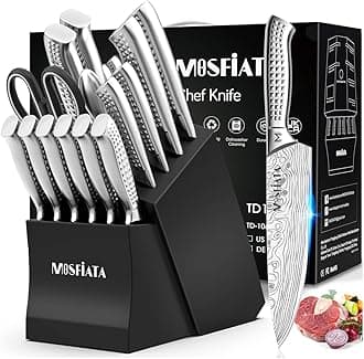 MOSFiATA Japanese Stainless Steel Knife Set, 17 Pcs with Block, Knife Sharpening Rod, Dishwasher Safe, Dad Birthday Gift