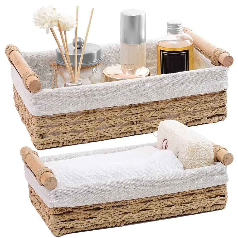 Round Paper Rope Storage Basket, Wicker Baskets for Organizing with Handle, Decorative Bins for Countertop, Toilet Paper Basket for Toilet Tank Top, Small Baskets Set (Set of 2,Beige)