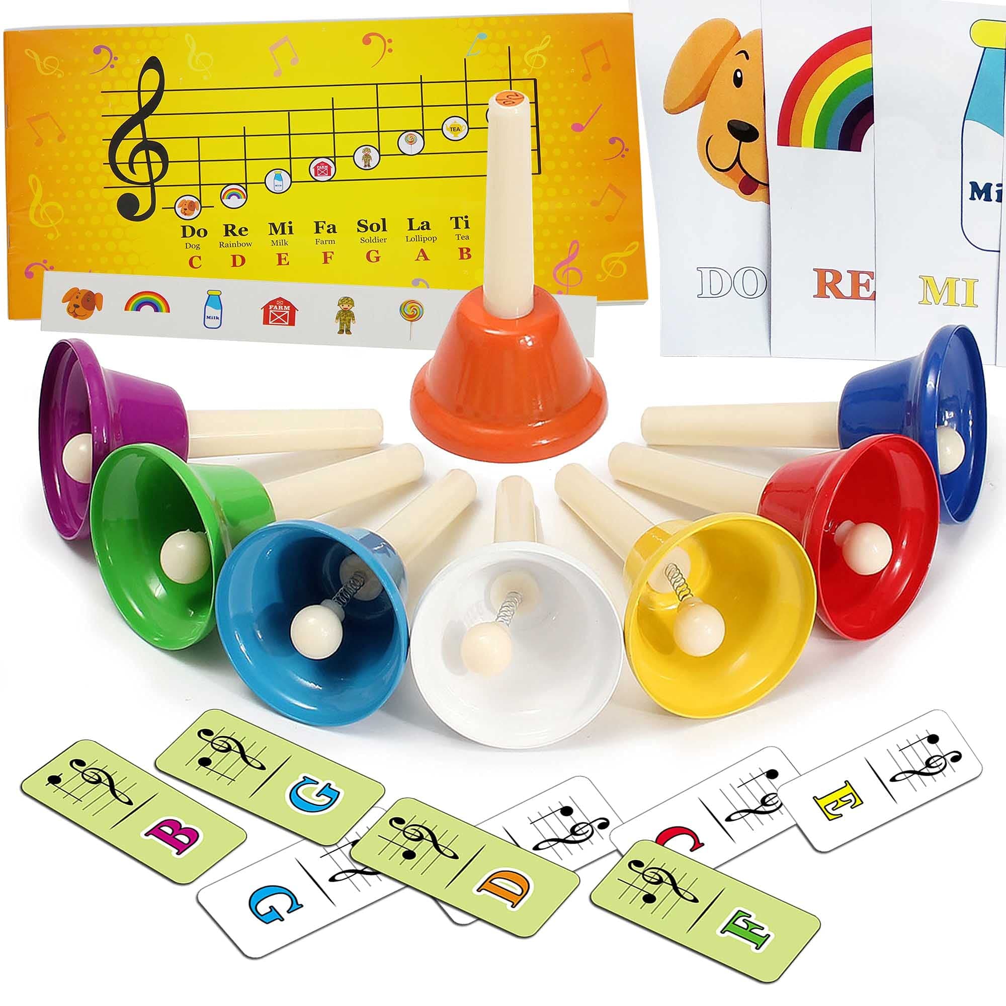 8 Diatonic Color-Coded Hand Bells with Sheet Music Book, Stickers, Musical Dominoes for Children, Adult