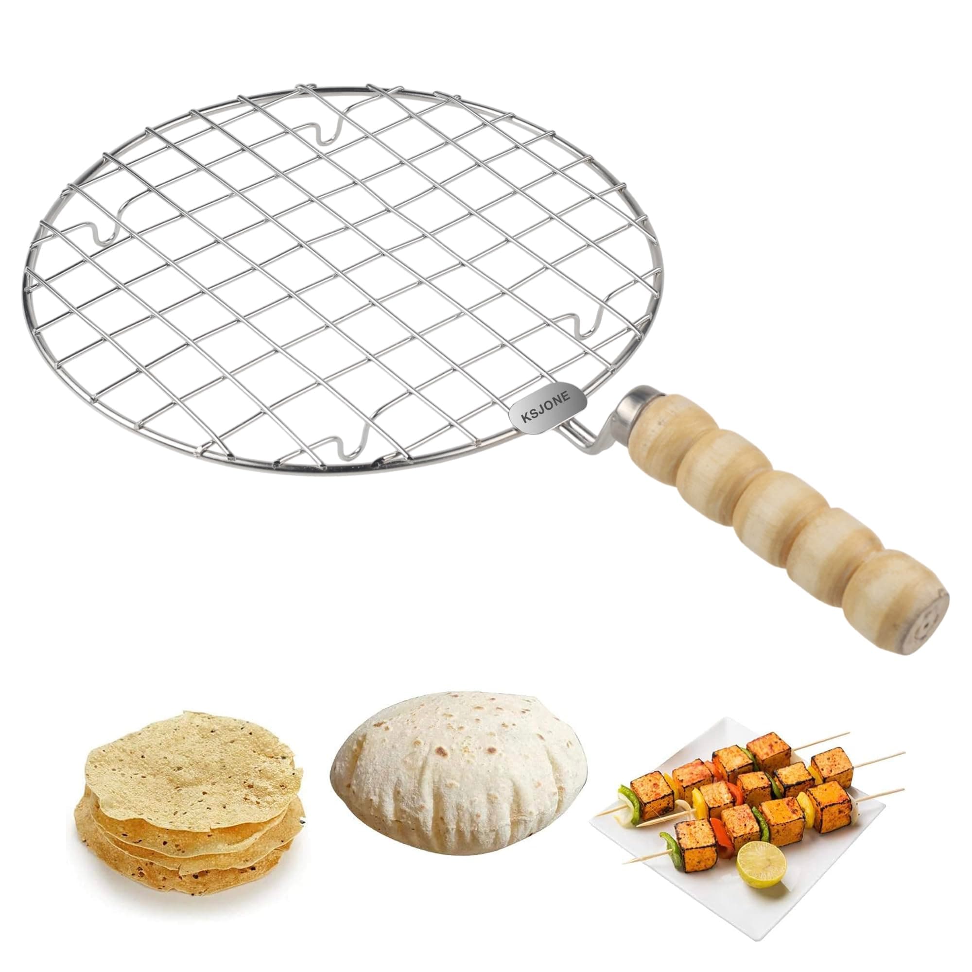 KSJONE Stainless Steel Multi-Functional Wire Steaming Cooling and Baking Barbecue Rack Round Wire Roaster Rack/Papad Jali/Roti Grill Round Shape with Wooden Handle